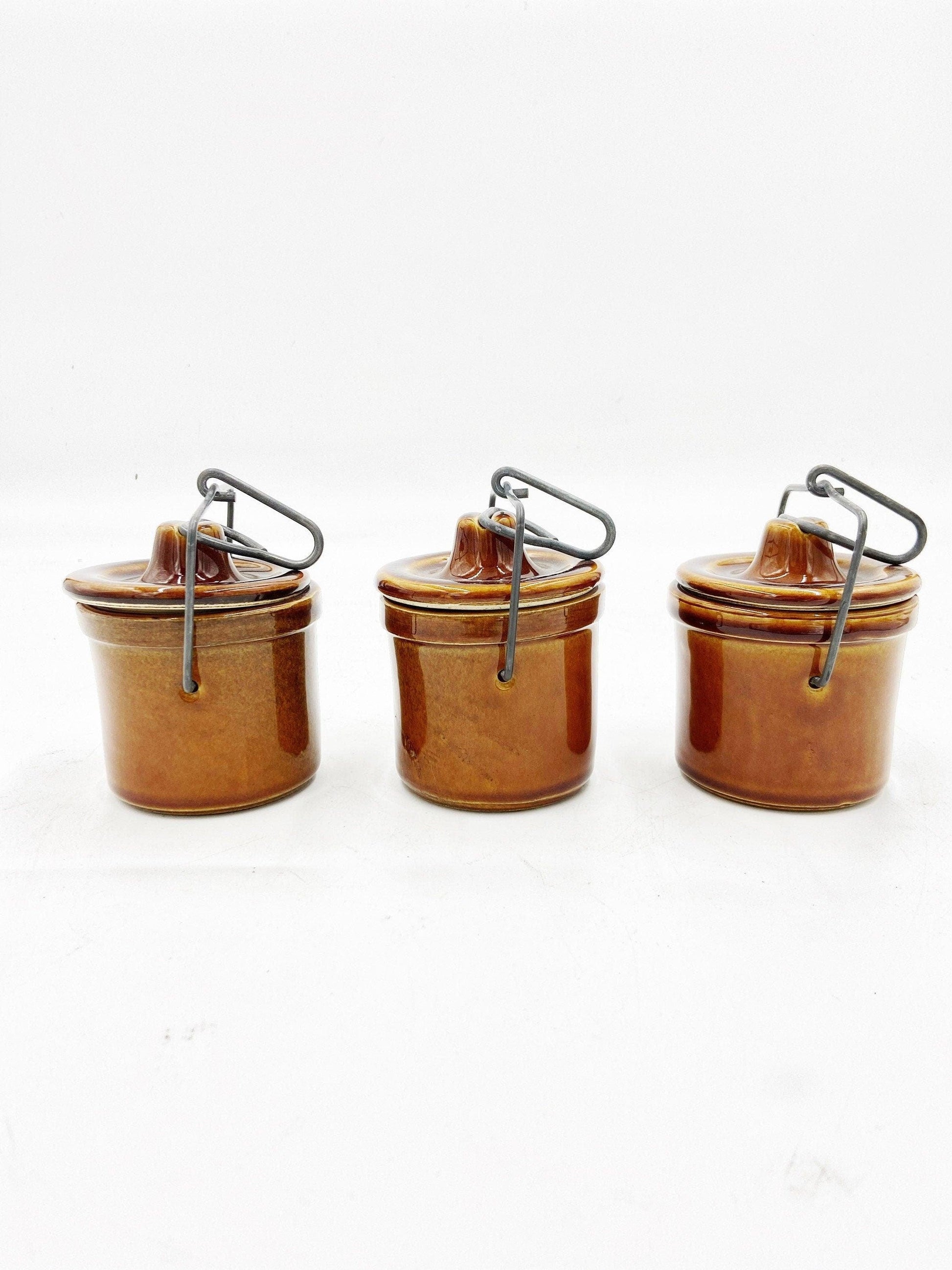 Brown Cheese Crocks, Set of 3 Canisters, Wire Closures, Farmhouse Country Pottery -Located at Funkyhouse Vintage Antique Store, Weiser Idaho