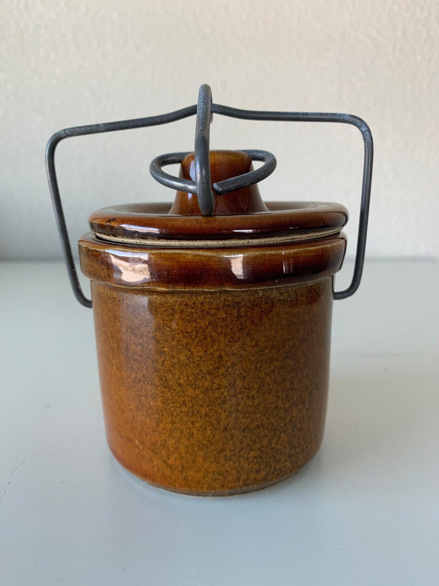 Brown Cheese Crocks, Set of 3 Canisters, Wire Closures, Farmhouse Country Pottery -Located at Funkyhouse Vintage Antique Store, Weiser Idaho