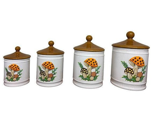 Canister Set of 4, Vintage Merry Mushroom Pattern From Sears Roebuck,1982 Canisters Made In Japan -Located at Funkyhouse Vintage Antique Store, Weiser Idaho