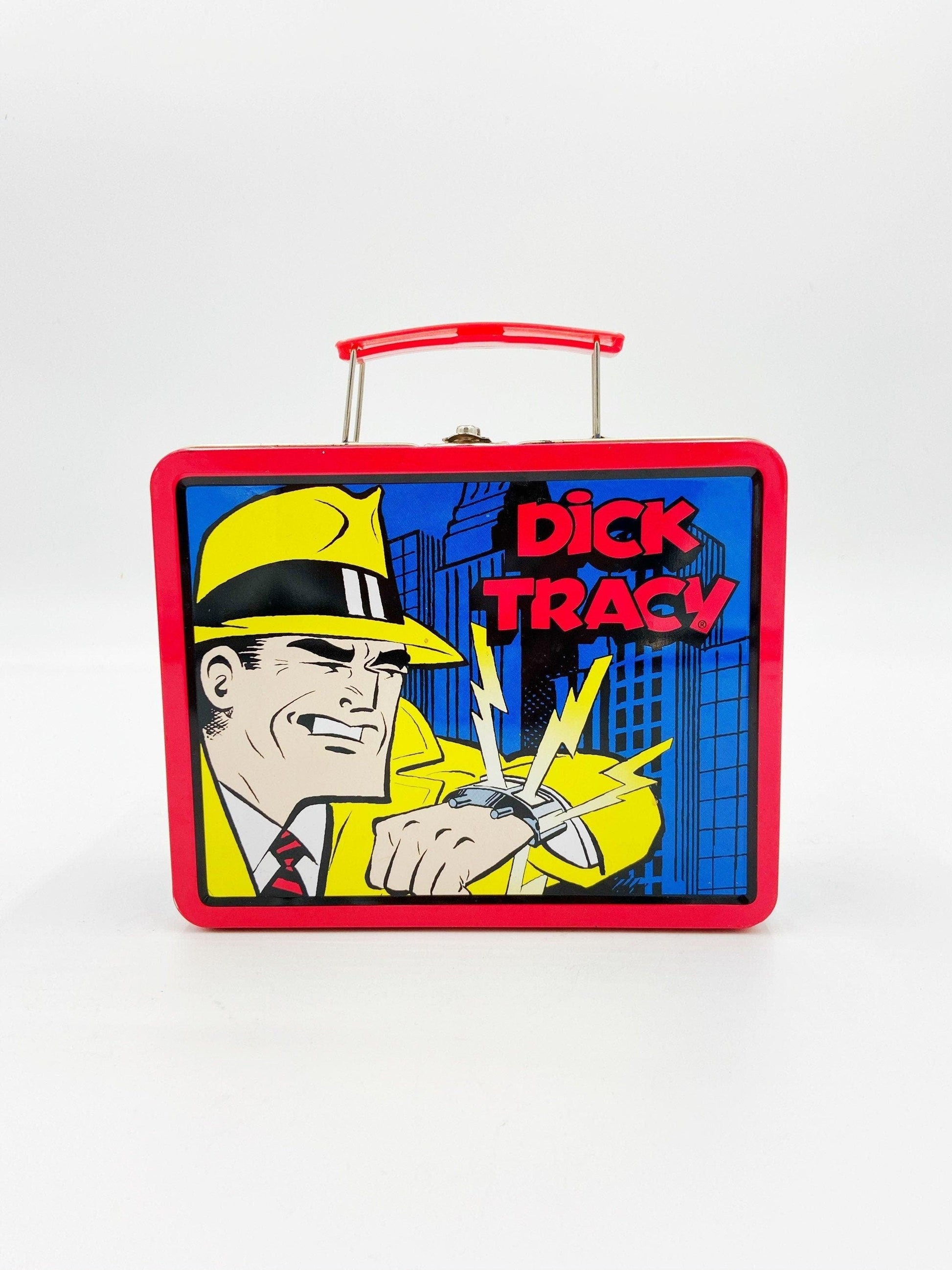 Dick Tracy 1998 Lunch Box, Blue Yellow Tin Lunch Box, Metal Lunchbox, Nostalgic Memorabilia, Colorful Tin -Located at Funkyhouse Vintage Antique Store, Weiser Idaho