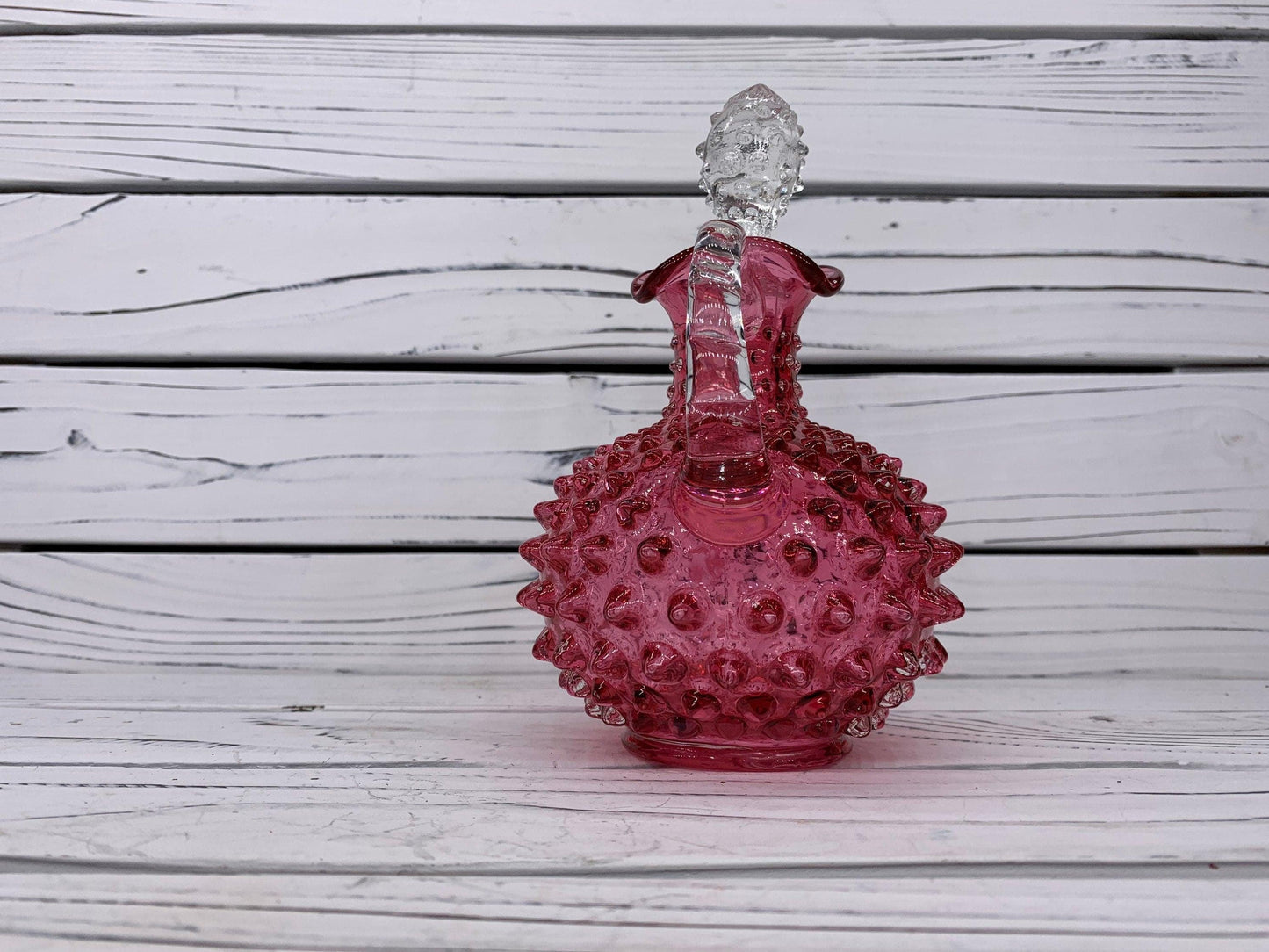 Fenton Cranberry Glass Hobnail Cruet with Clear Stopper, Vintage Red and Pink Decorative Glass -Located at Funkyhouse Vintage Antique Store, Weiser Idaho