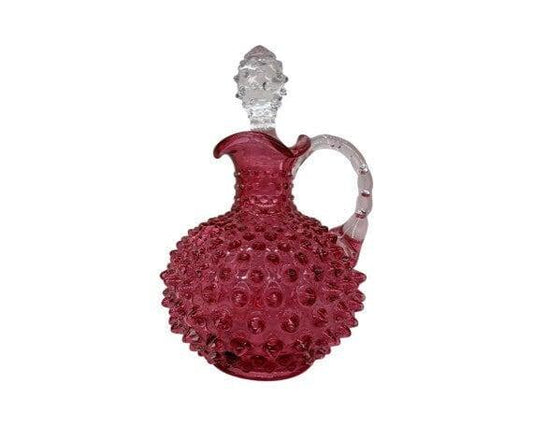 Fenton Cranberry Glass Hobnail Cruet with Clear Stopper, Vintage Red and Pink Decorative Glass -Located at Funkyhouse Vintage Antique Store, Weiser Idaho