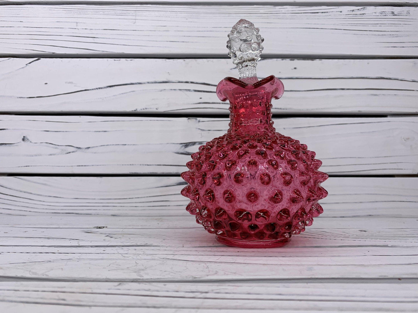 Fenton Cranberry Glass Hobnail Cruet with Clear Stopper, Vintage Red and Pink Decorative Glass -Located at Funkyhouse Vintage Antique Store, Weiser Idaho