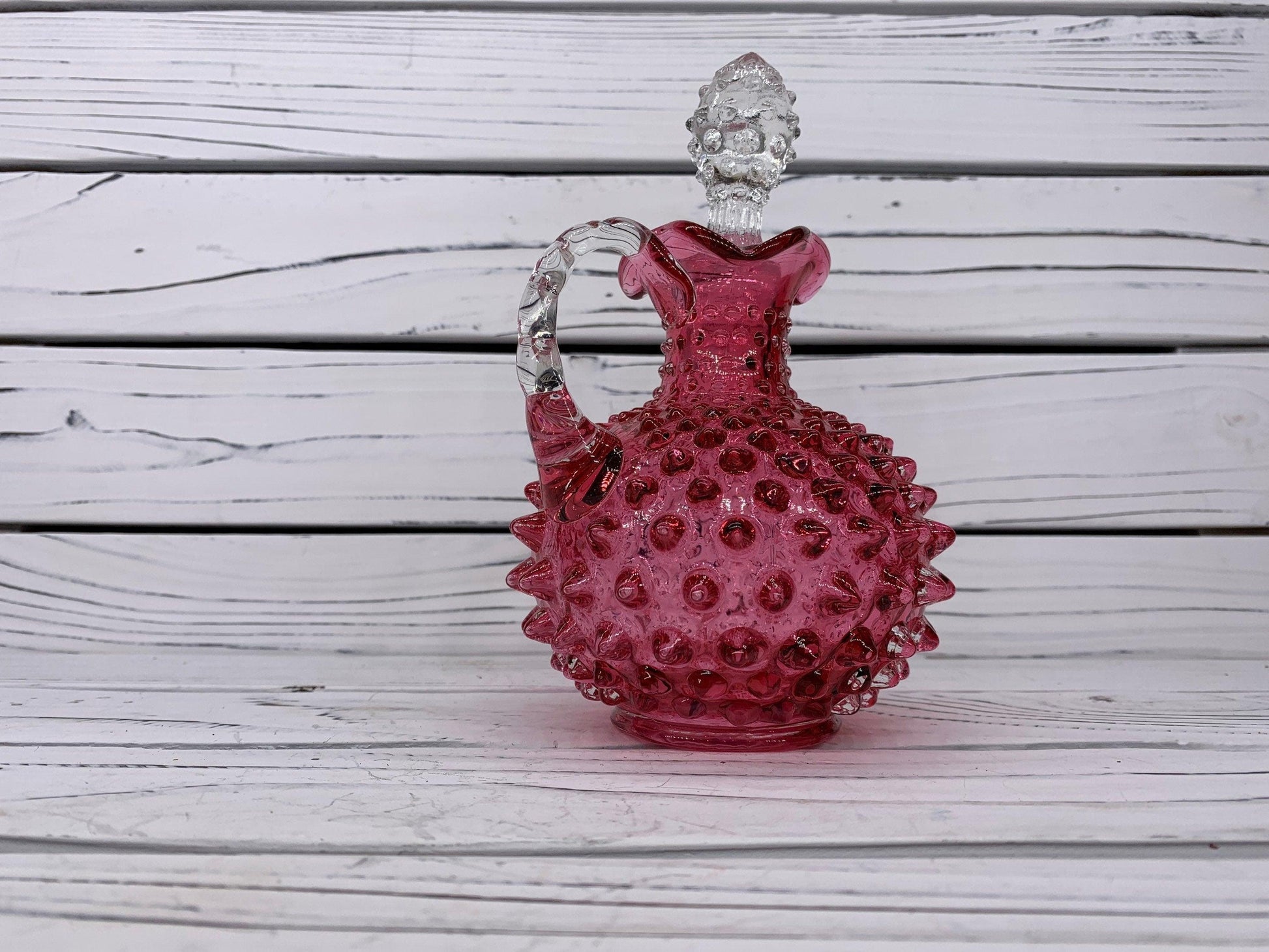 Fenton Cranberry Glass Hobnail Cruet with Clear Stopper, Vintage Red and Pink Decorative Glass -Located at Funkyhouse Vintage Antique Store, Weiser Idaho