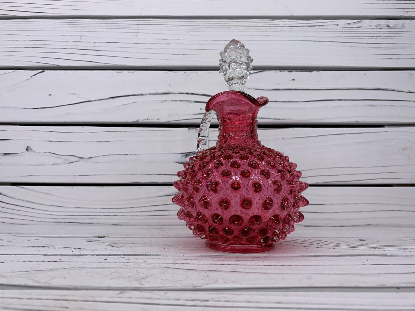 Fenton Cranberry Glass Hobnail Cruet with Clear Stopper, Vintage Red and Pink Decorative Glass -Located at Funkyhouse Vintage Antique Store, Weiser Idaho