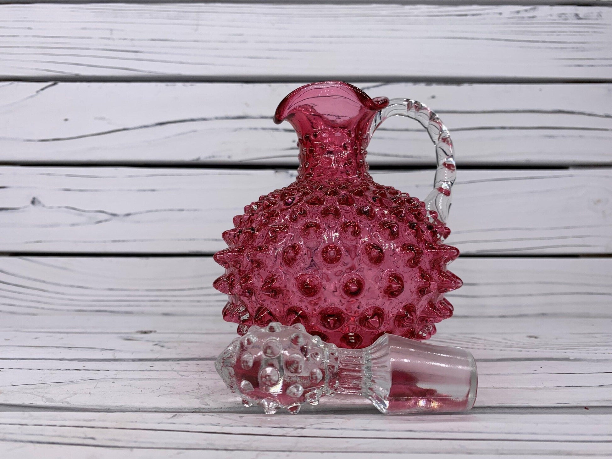Fenton Cranberry Glass Hobnail Cruet with Clear Stopper, Vintage Red and Pink Decorative Glass -Located at Funkyhouse Vintage Antique Store, Weiser Idaho