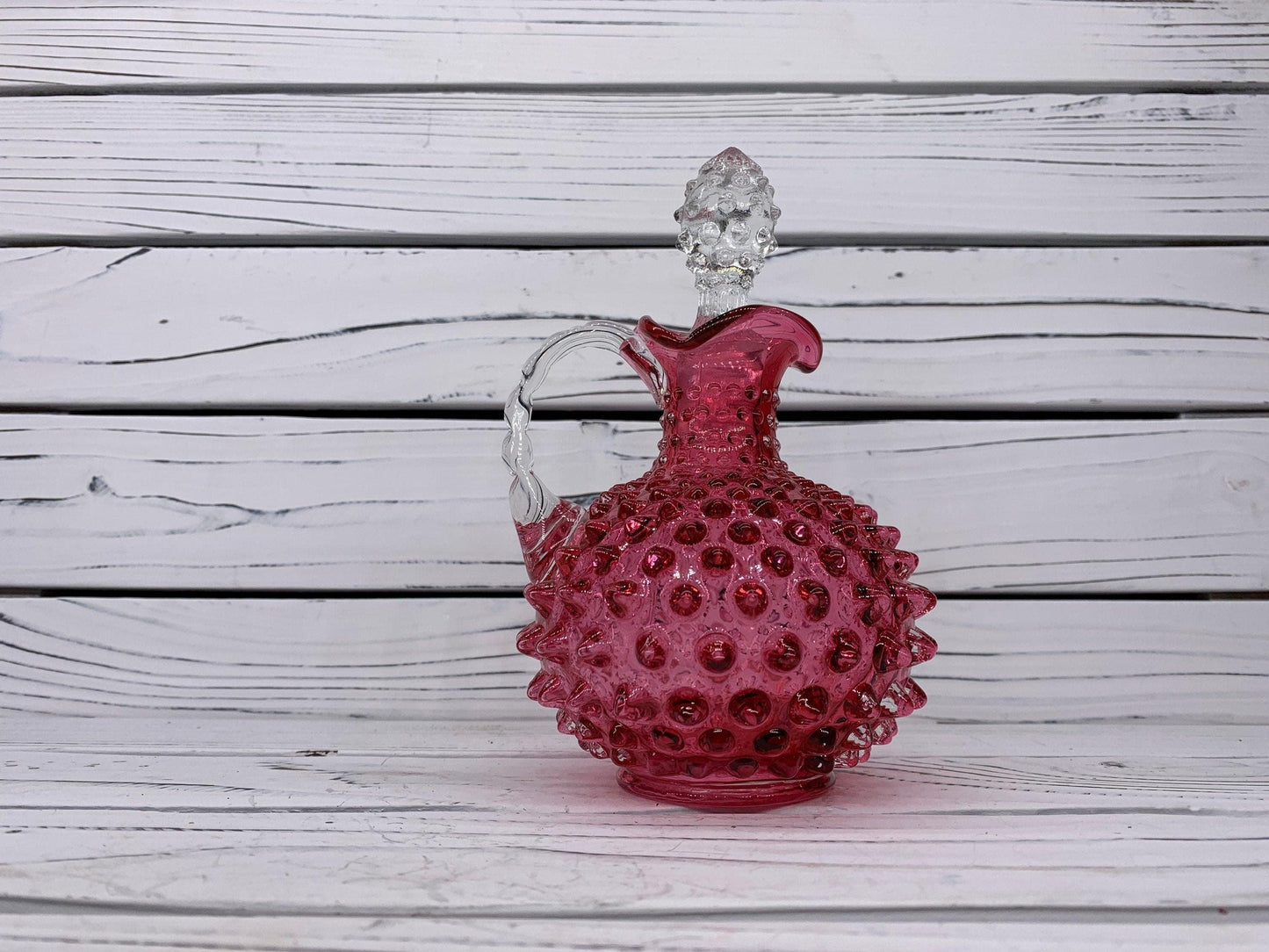 Fenton Cranberry Glass Hobnail Cruet with Clear Stopper, Vintage Red and Pink Decorative Glass -Located at Funkyhouse Vintage Antique Store, Weiser Idaho