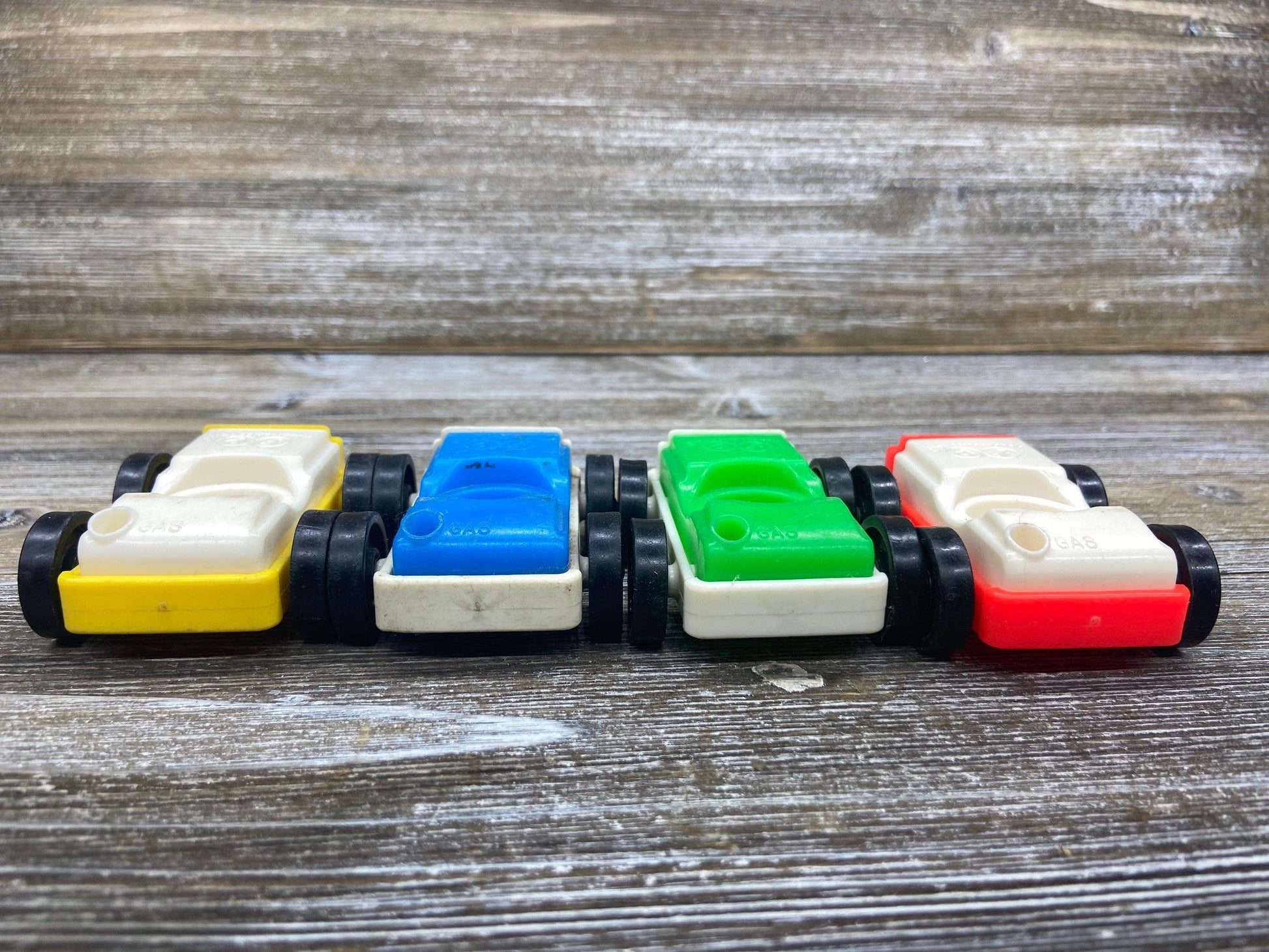 Fisher Price Vehicle Set, Four Vintage Little People Cars in White, Green, Blue and Yellow -Located at Funkyhouse Vintage Antique Store, Weiser Idaho