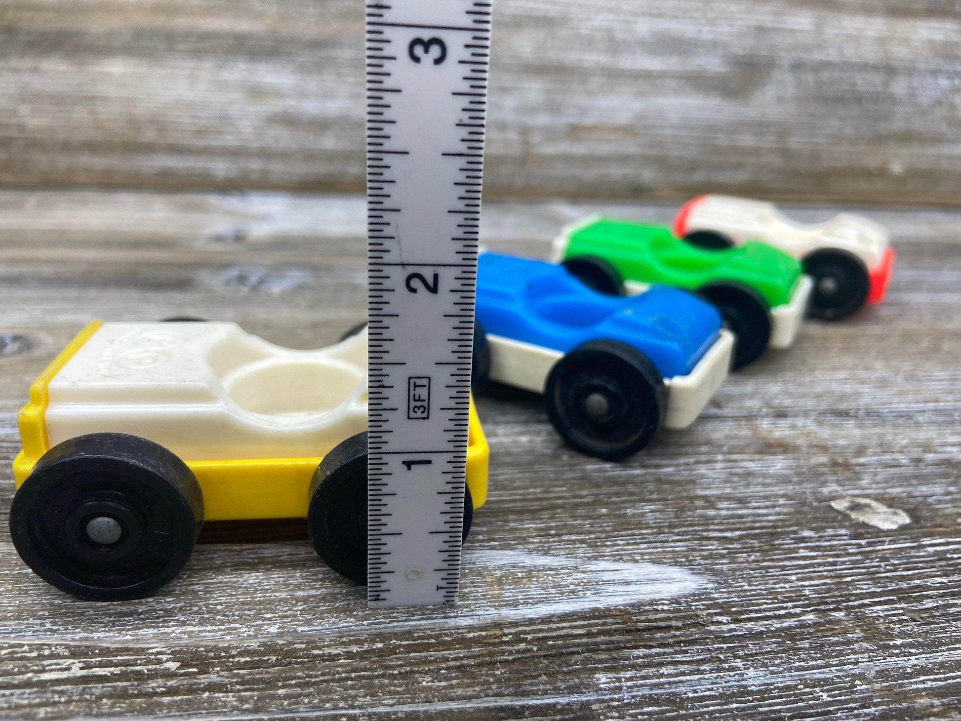 Fisher Price Vehicle Set, Four Vintage Little People Cars in White, Green, Blue and Yellow -Located at Funkyhouse Vintage Antique Store, Weiser Idaho
