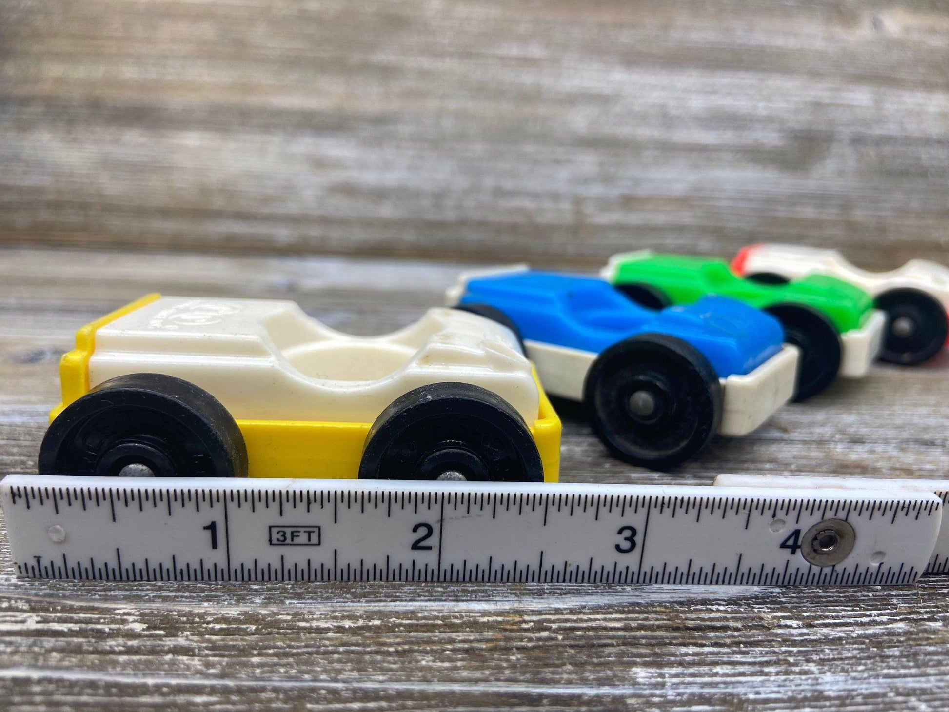 Fisher Price Vehicle Set, Four Vintage Little People Cars in White, Green, Blue and Yellow -Located at Funkyhouse Vintage Antique Store, Weiser Idaho