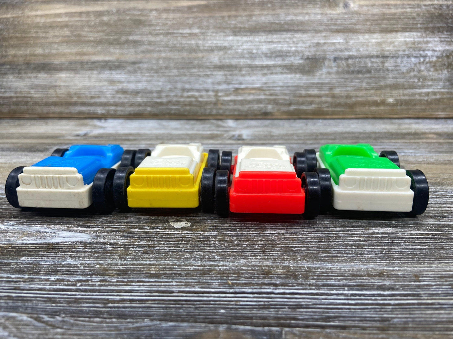 Fisher Price Vehicle Set, Four Vintage Little People Cars in White, Green, Blue and Yellow -Located at Funkyhouse Vintage Antique Store, Weiser Idaho