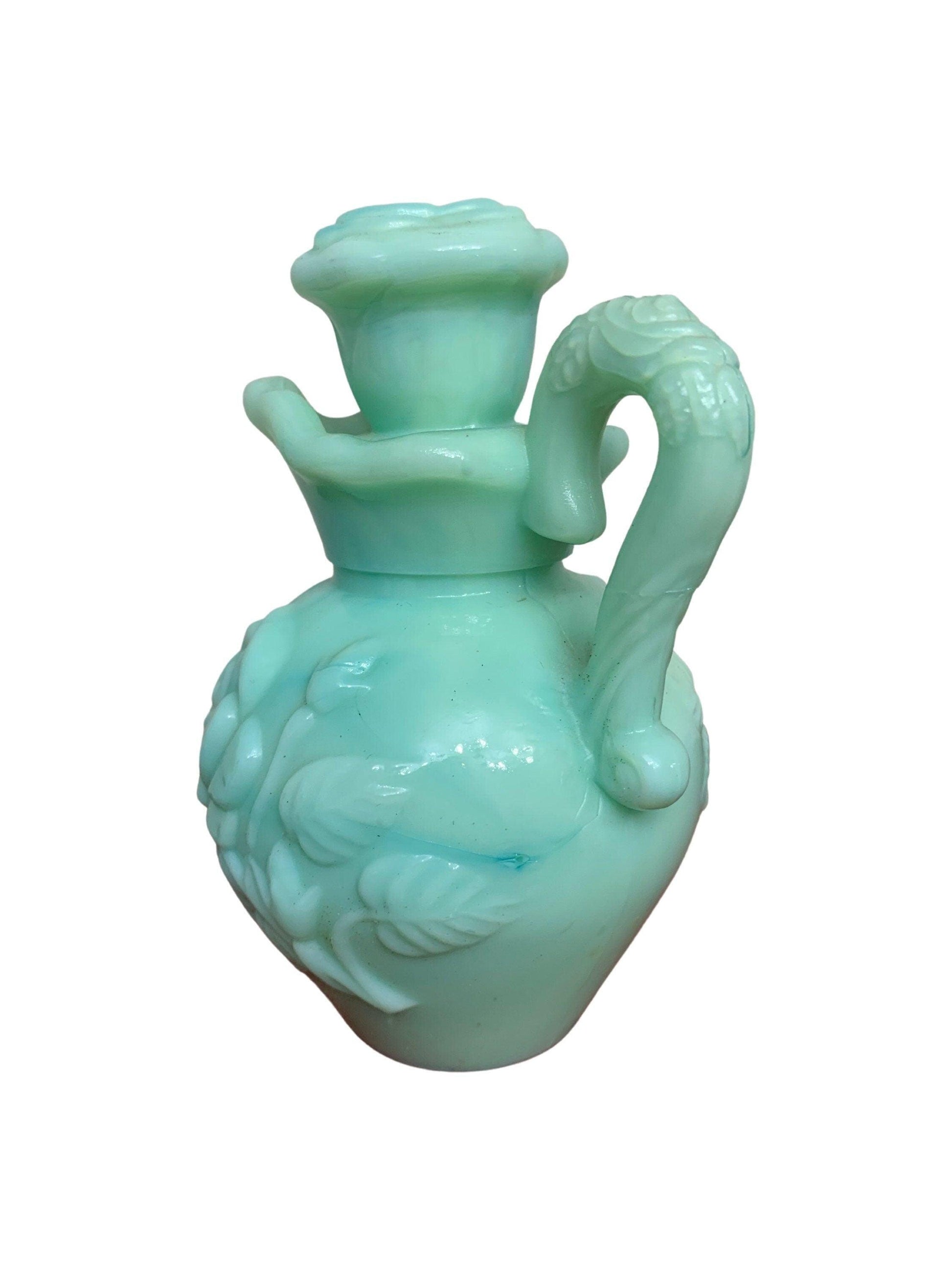 Glass Pitcher With Stopper By Avon, Ornate Green 1970s Vintage Beauty Products And Bathroom Decor -Located at Funkyhouse Vintage Antique Store, Weiser Idaho