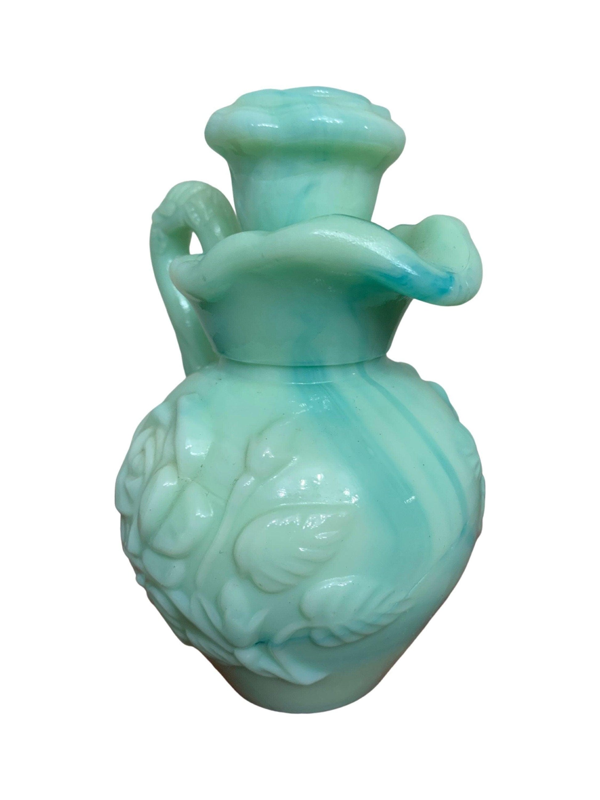 Glass Pitcher With Stopper By Avon, Ornate Green 1970s Vintage Beauty Products And Bathroom Decor -Located at Funkyhouse Vintage Antique Store, Weiser Idaho