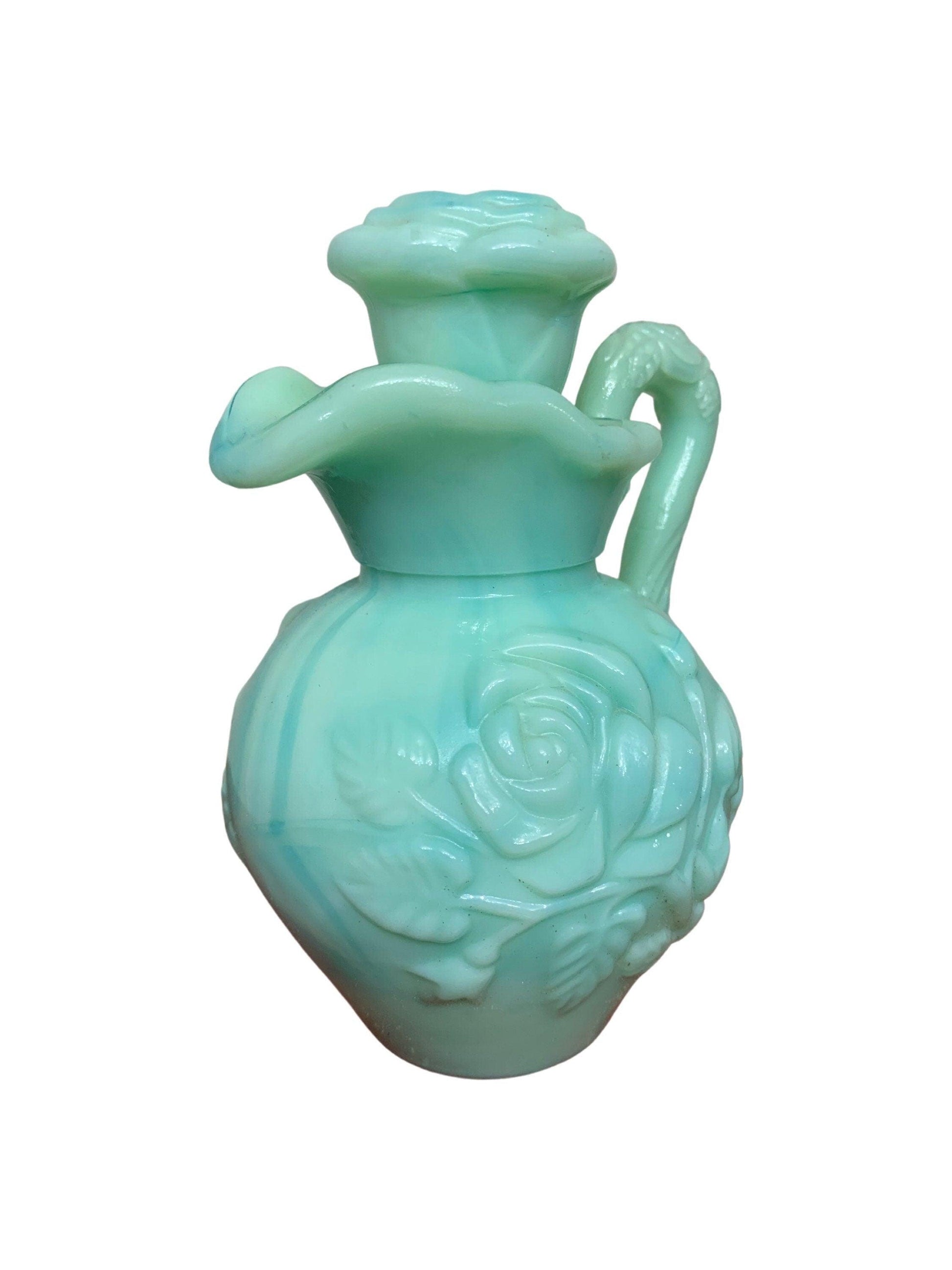 Glass Pitcher With Stopper By Avon, Ornate Green 1970s Vintage Beauty Products And Bathroom Decor -Located at Funkyhouse Vintage Antique Store, Weiser Idaho