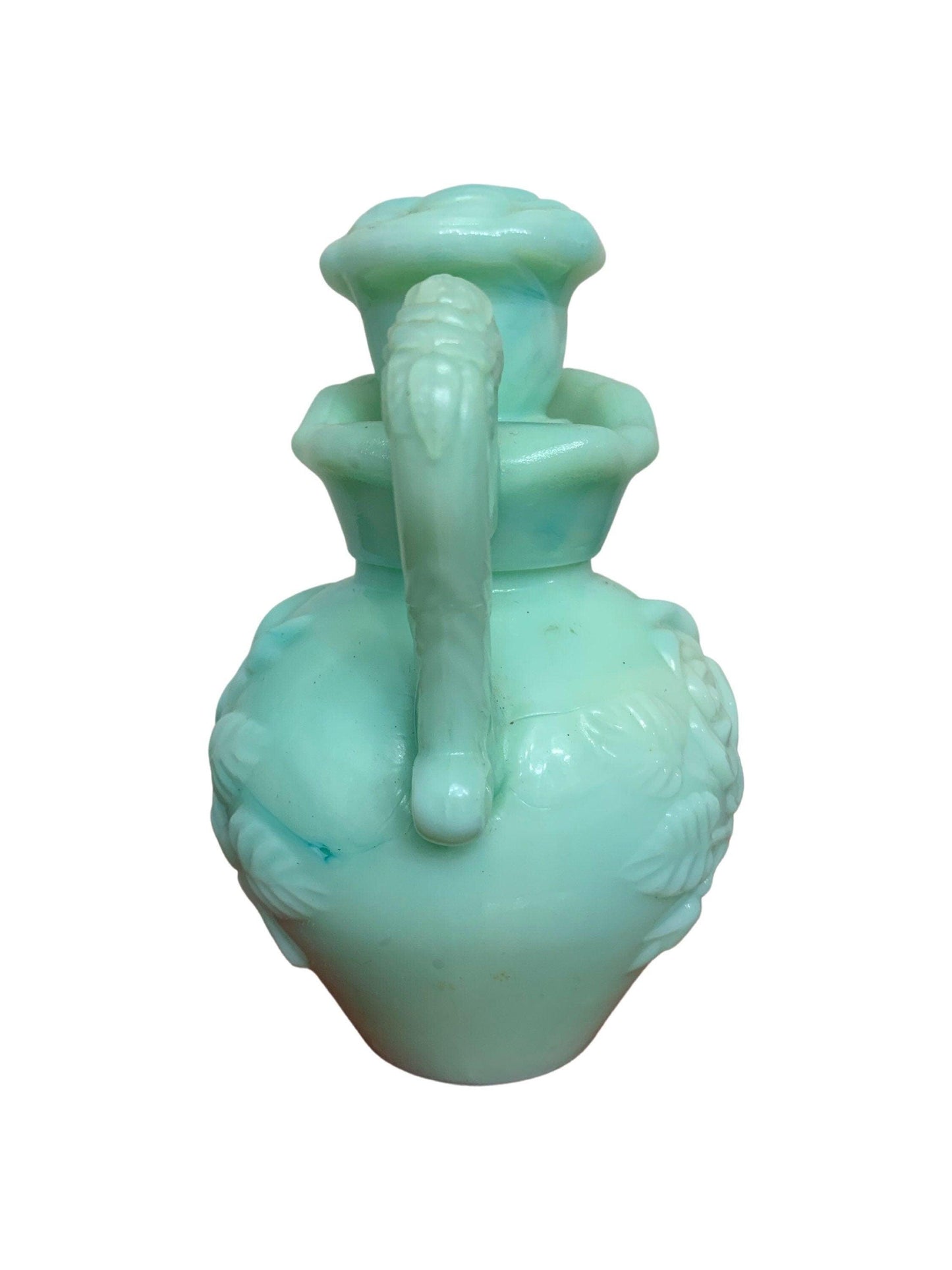 Glass Pitcher With Stopper By Avon, Ornate Green 1970s Vintage Beauty Products And Bathroom Decor -Located at Funkyhouse Vintage Antique Store, Weiser Idaho
