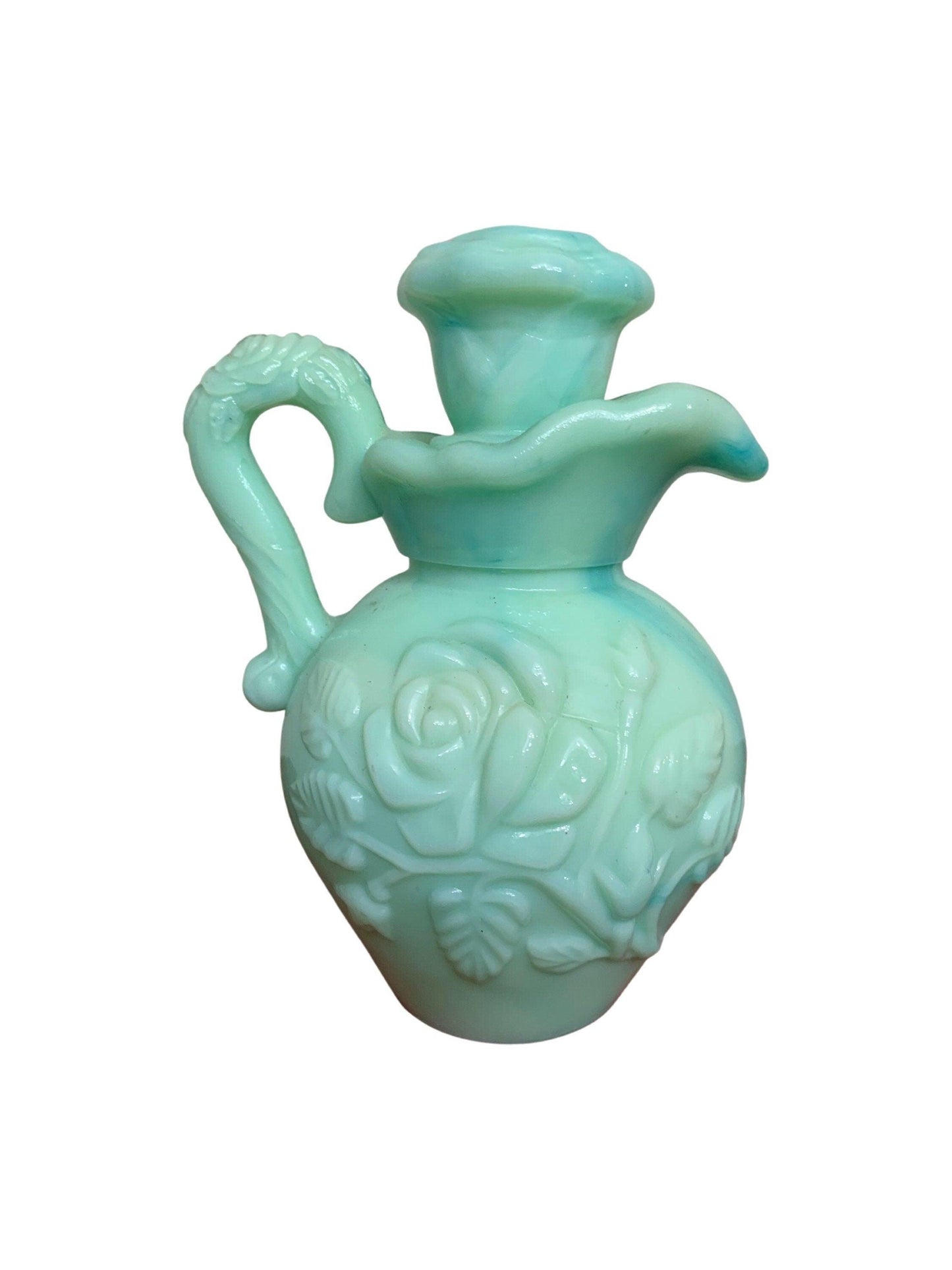 Glass Pitcher With Stopper By Avon, Ornate Green 1970s Vintage Beauty Products And Bathroom Decor -Located at Funkyhouse Vintage Antique Store, Weiser Idaho