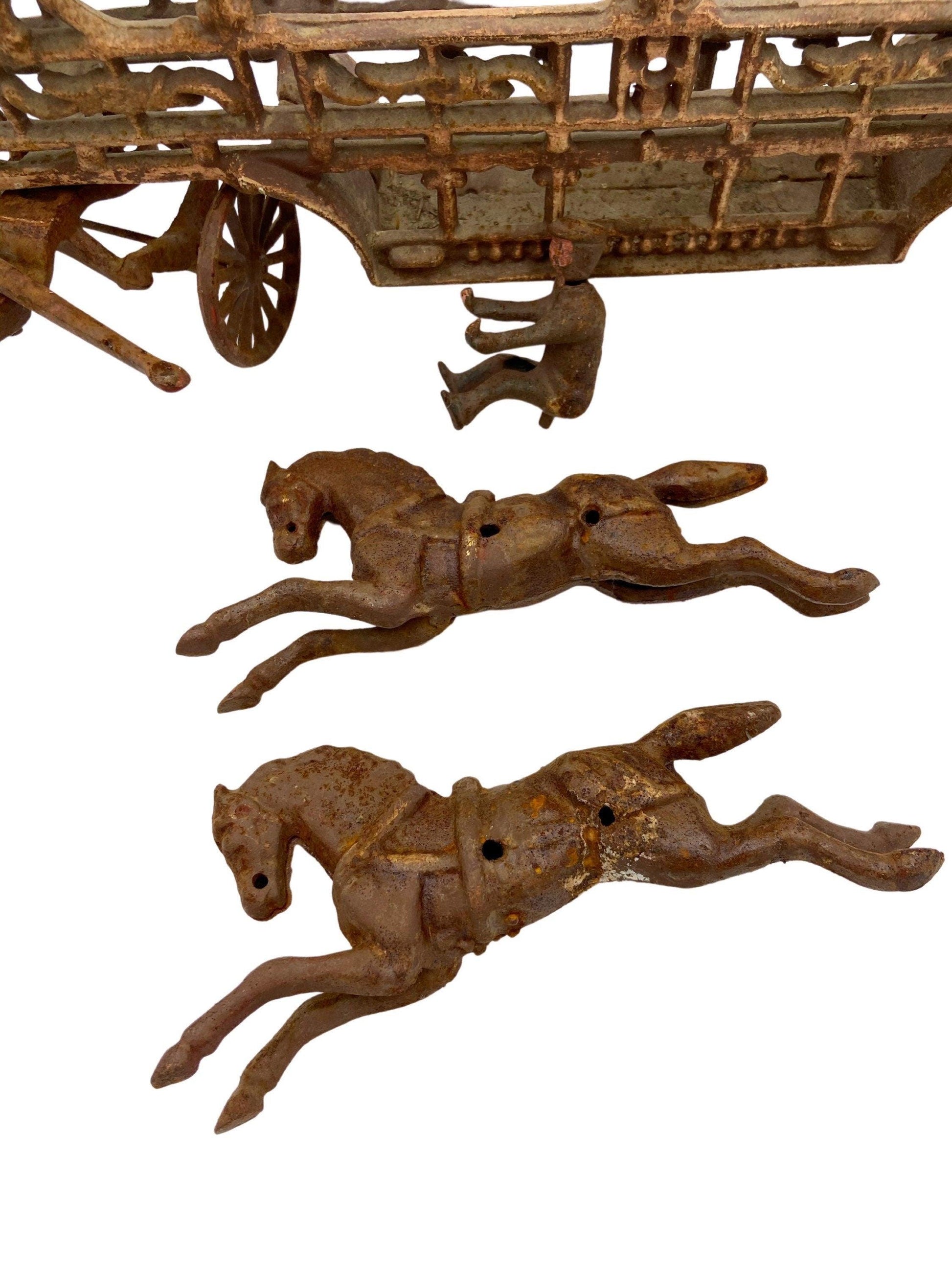 Horse Drawn Fire Wagon, Vintage Cast Iron Toy, Antique Horse And Buggy, Toy Collector Gift, Farm Collectible, Die Cast Metal Toy -Located at Funkyhouse Vintage Antique Store, Weiser Idaho