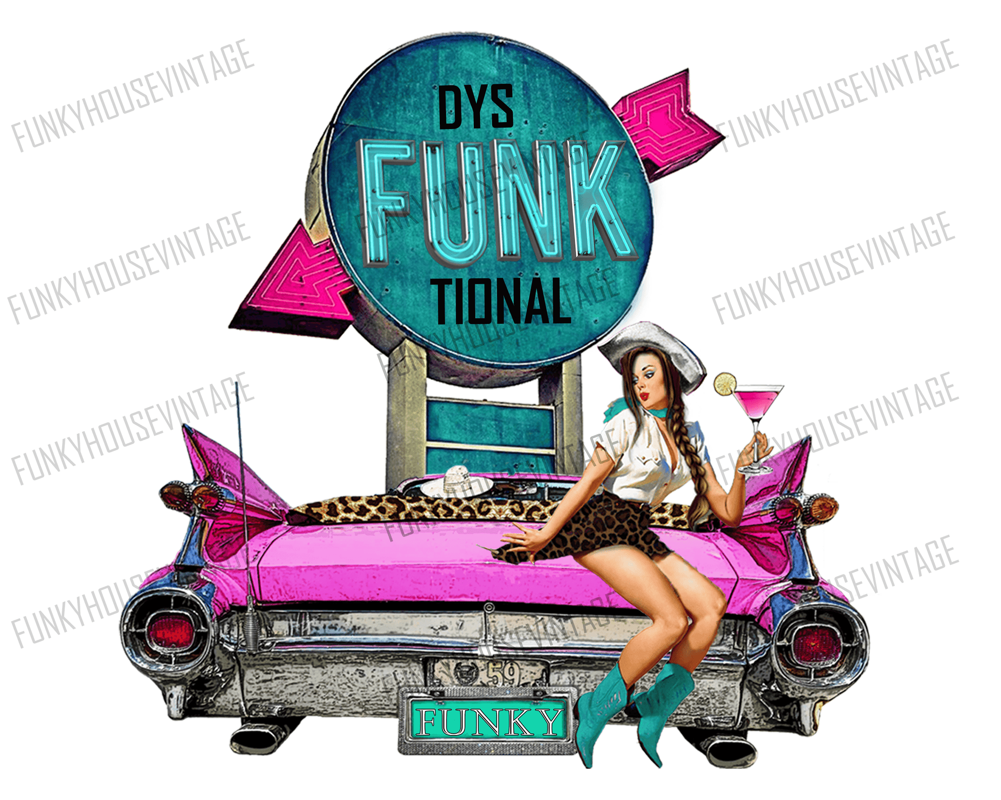 Large Retro Cotton Tote, dysFUNKtional Funny Quote Bag, Vintage Pin-up Girl, Classic Cadillac at Drive In, 1950s Funky Gear -Located at Funkyhouse Vintage Antique Store, Weiser Idaho