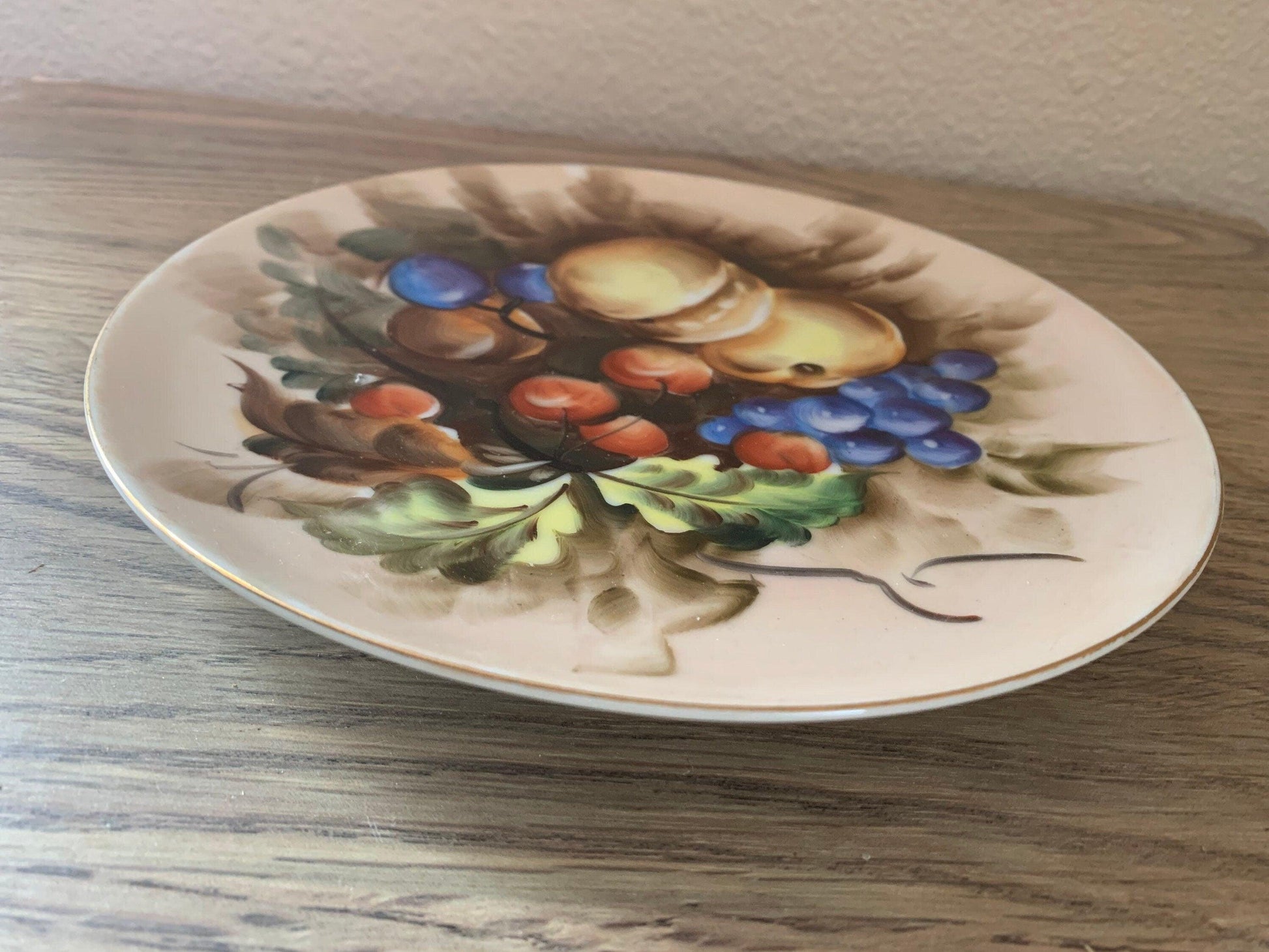Lefton China Plate, Hand Painted Fruit with Gold Trim, Vintage Porcelain Wall Hanging Plate Made in Japan -Located at Funkyhouse Vintage Antique Store, Weiser Idaho