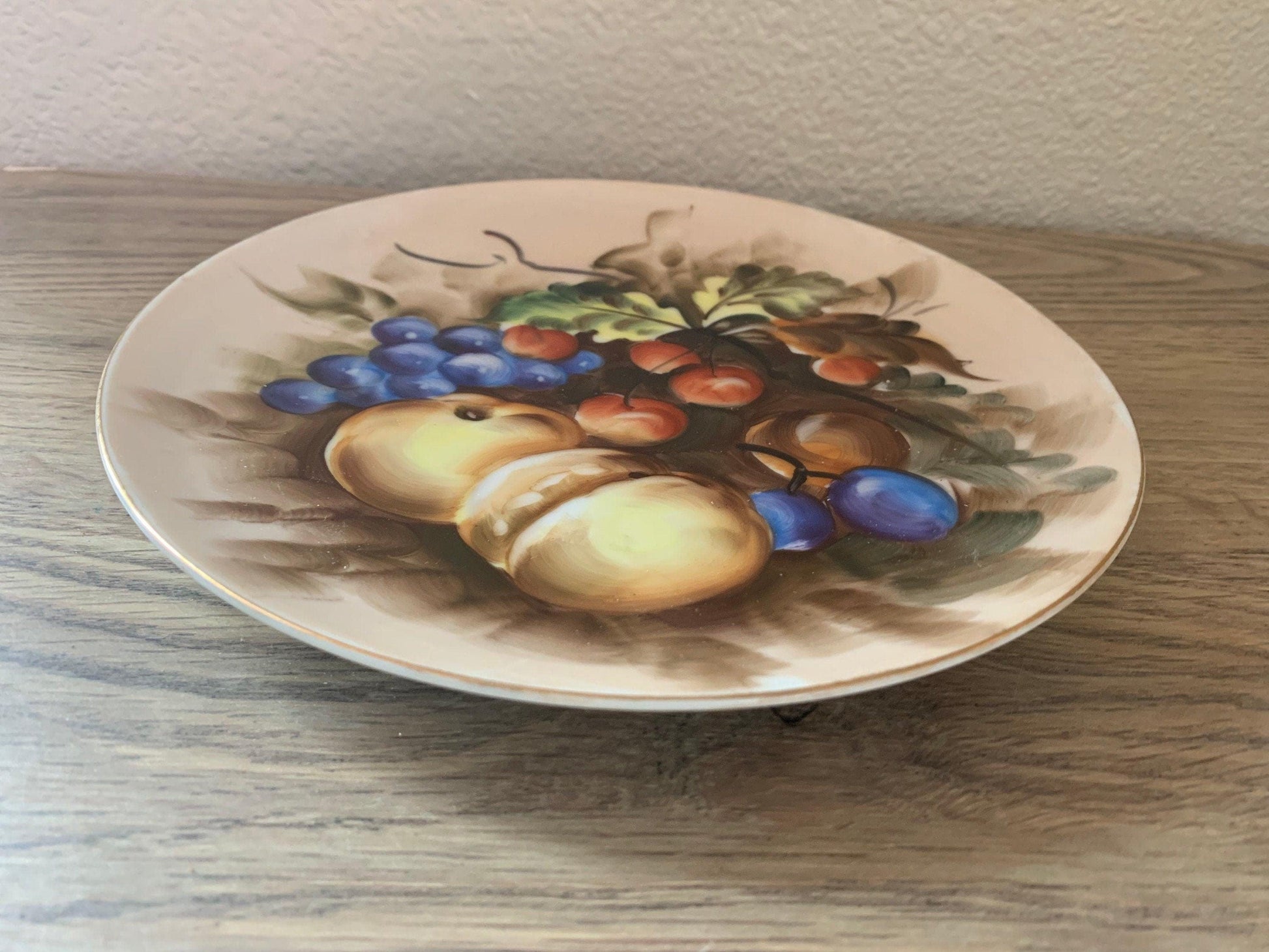 Lefton China Plate, Hand Painted Fruit with Gold Trim, Vintage Porcelain Wall Hanging Plate Made in Japan -Located at Funkyhouse Vintage Antique Store, Weiser Idaho