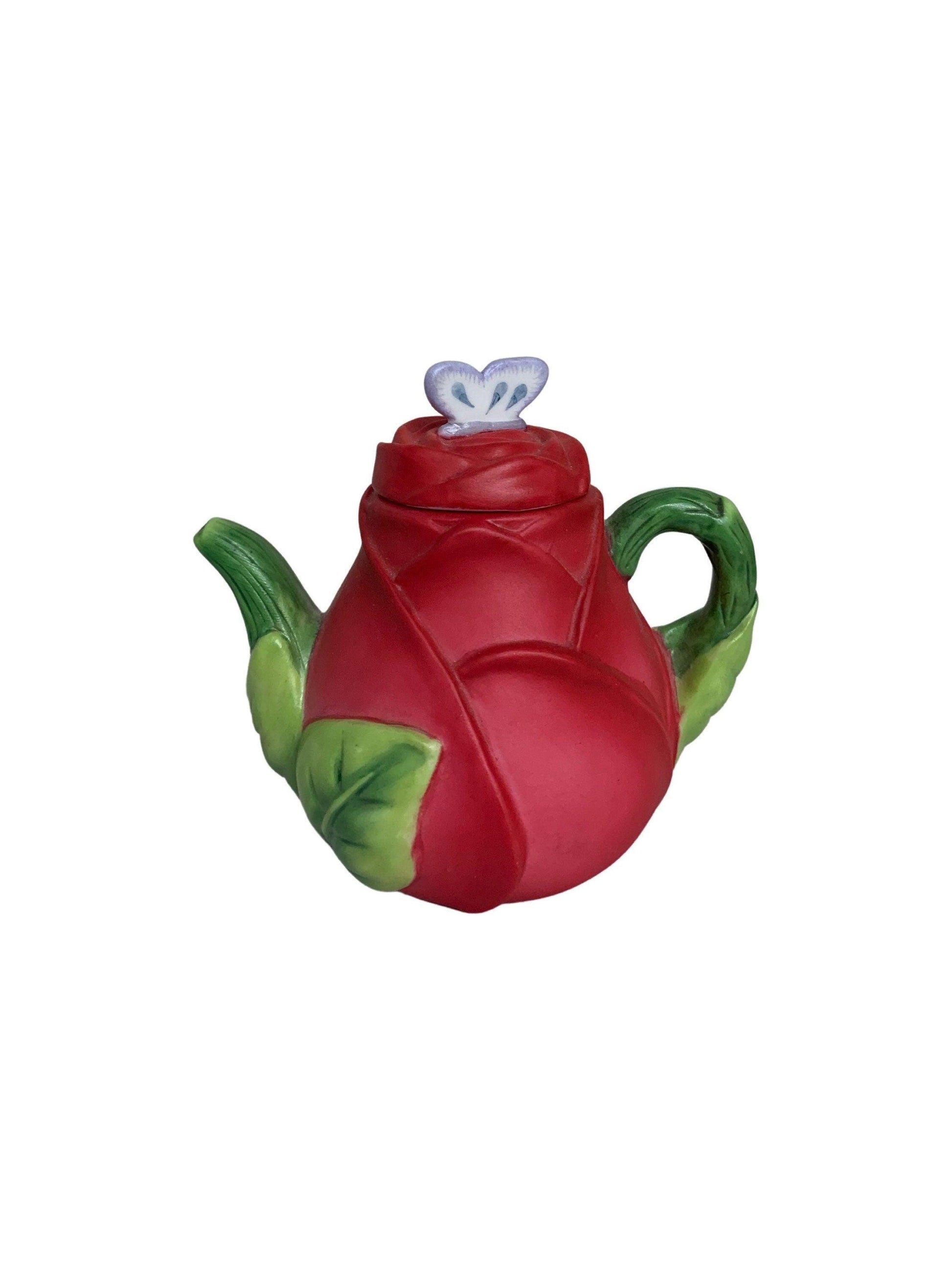 Miniature Teapot By Avon, Red Rose Seasons Harvest, Ceramic Tea Pot Made In 1995 -Located at Funkyhouse Vintage Antique Store, Weiser Idaho