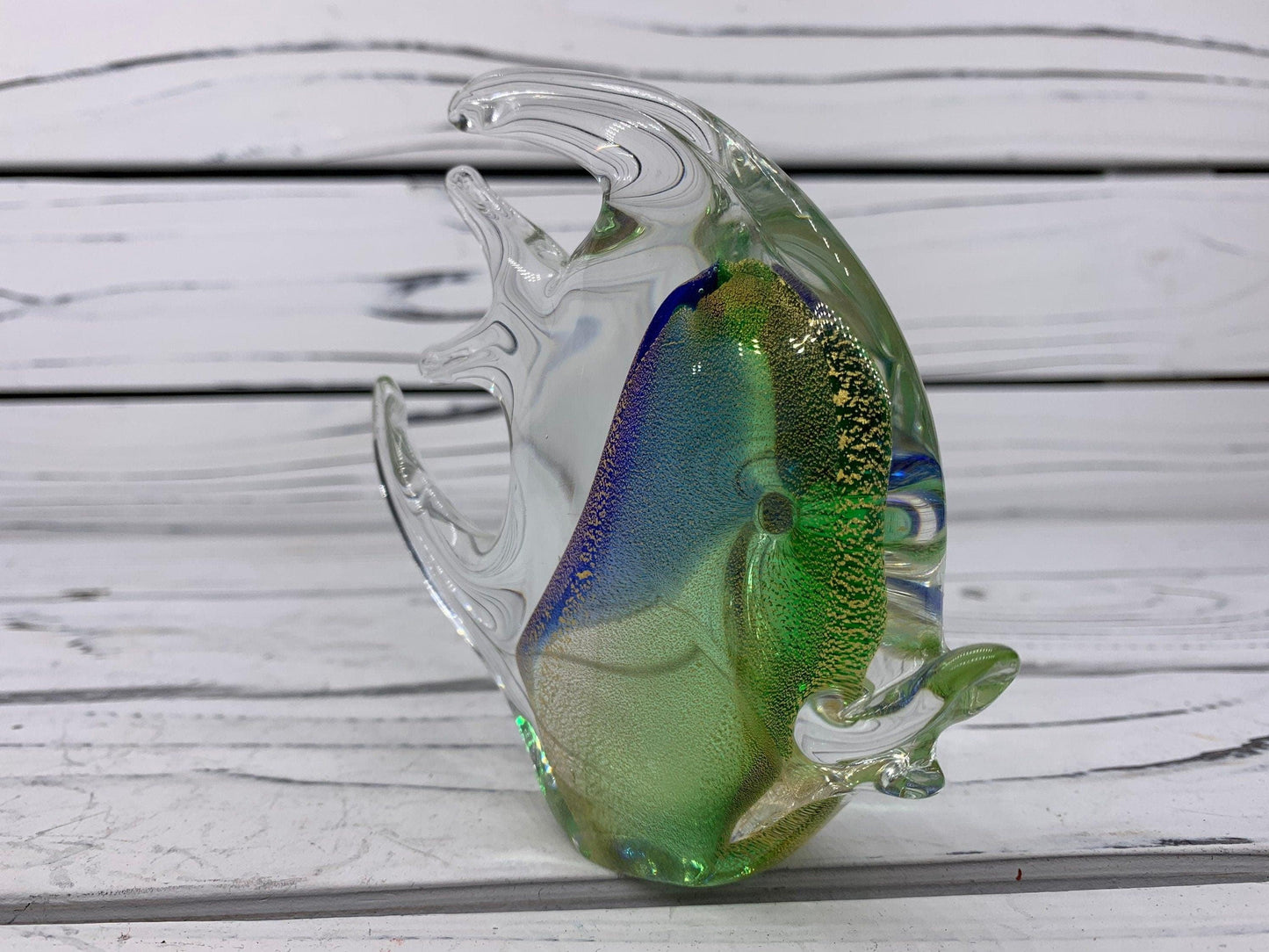 Murano Blown Glass Fish Sculpture, Shimmering Green, Purple and Gold Dust Italian Art -Located at Funkyhouse Vintage Antique Store, Weiser Idaho