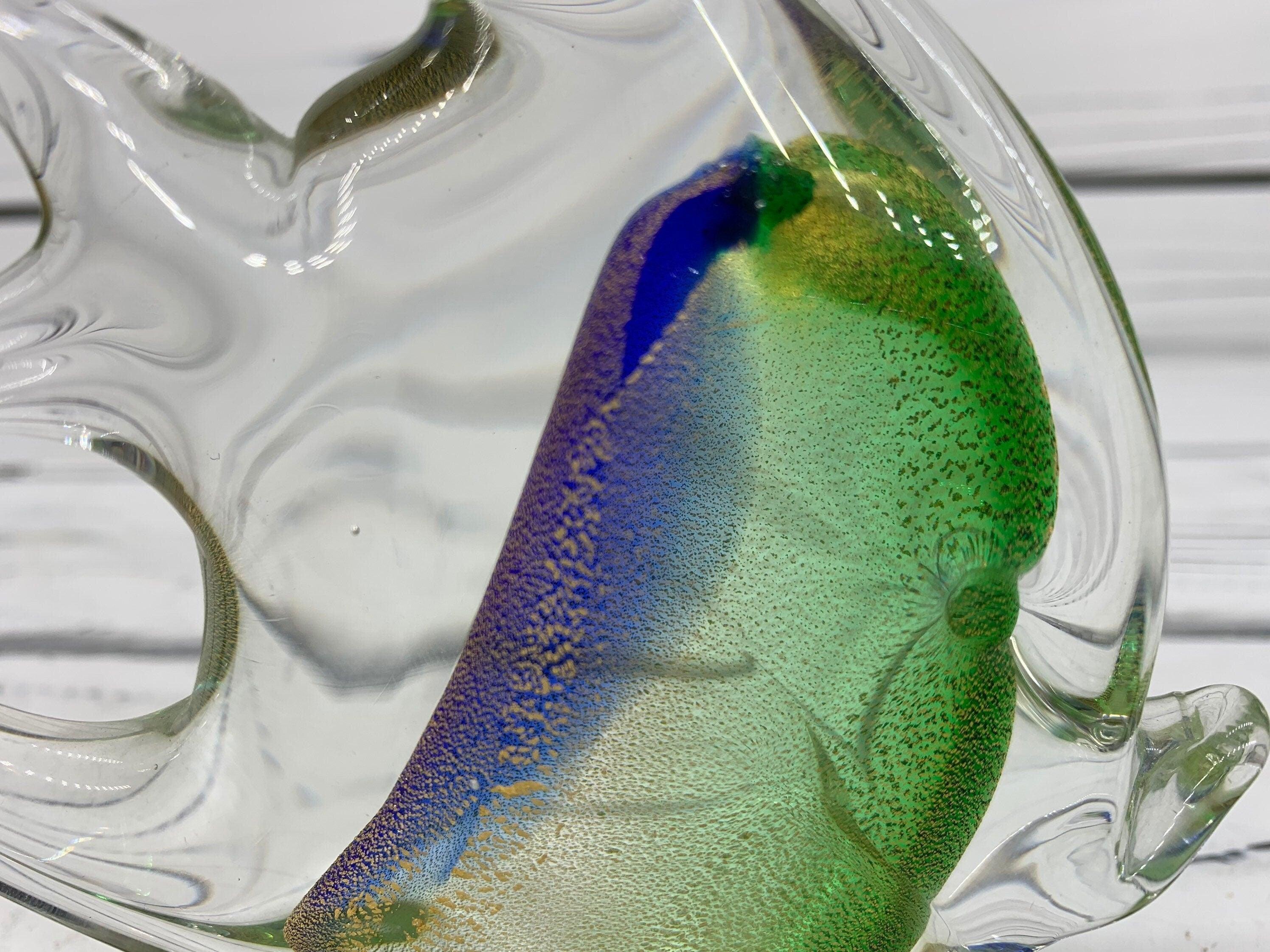 Murano Blown Glass Fish Sculpture, Shimmering Green, Purple and Gold Dust  Italian Art