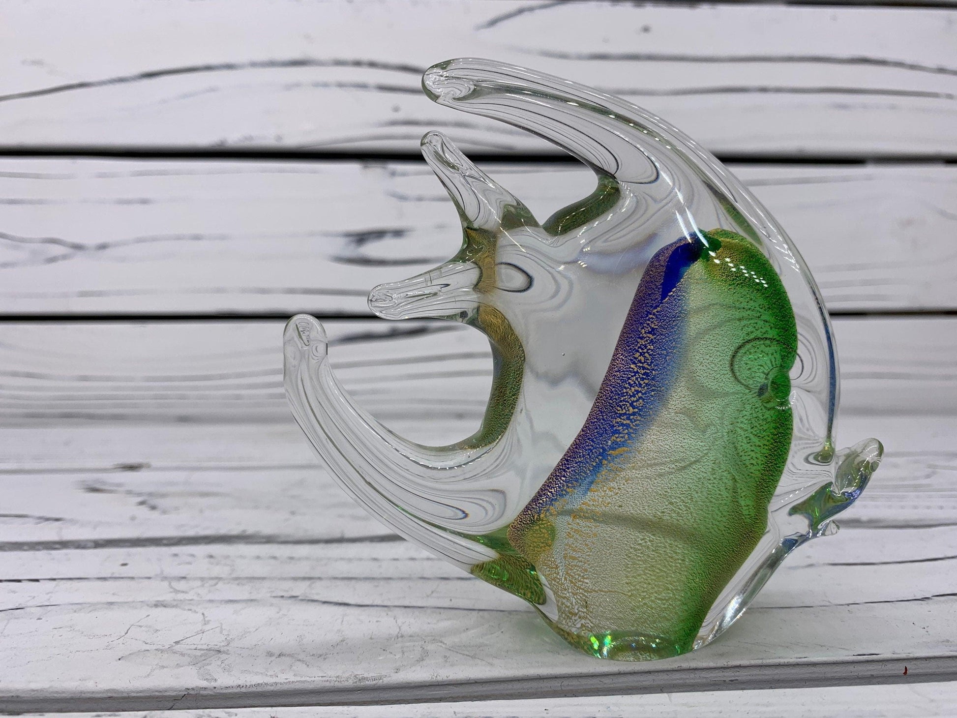 Murano Blown Glass Fish Sculpture, Shimmering Green, Purple and Gold Dust Italian Art -Located at Funkyhouse Vintage Antique Store, Weiser Idaho