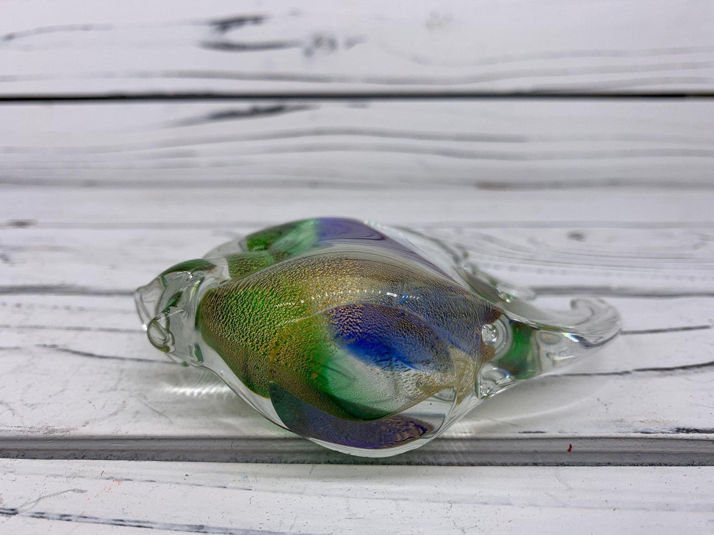 Murano Blown Glass Fish Sculpture, Shimmering Green, Purple and Gold Dust Italian Art -Located at Funkyhouse Vintage Antique Store, Weiser Idaho