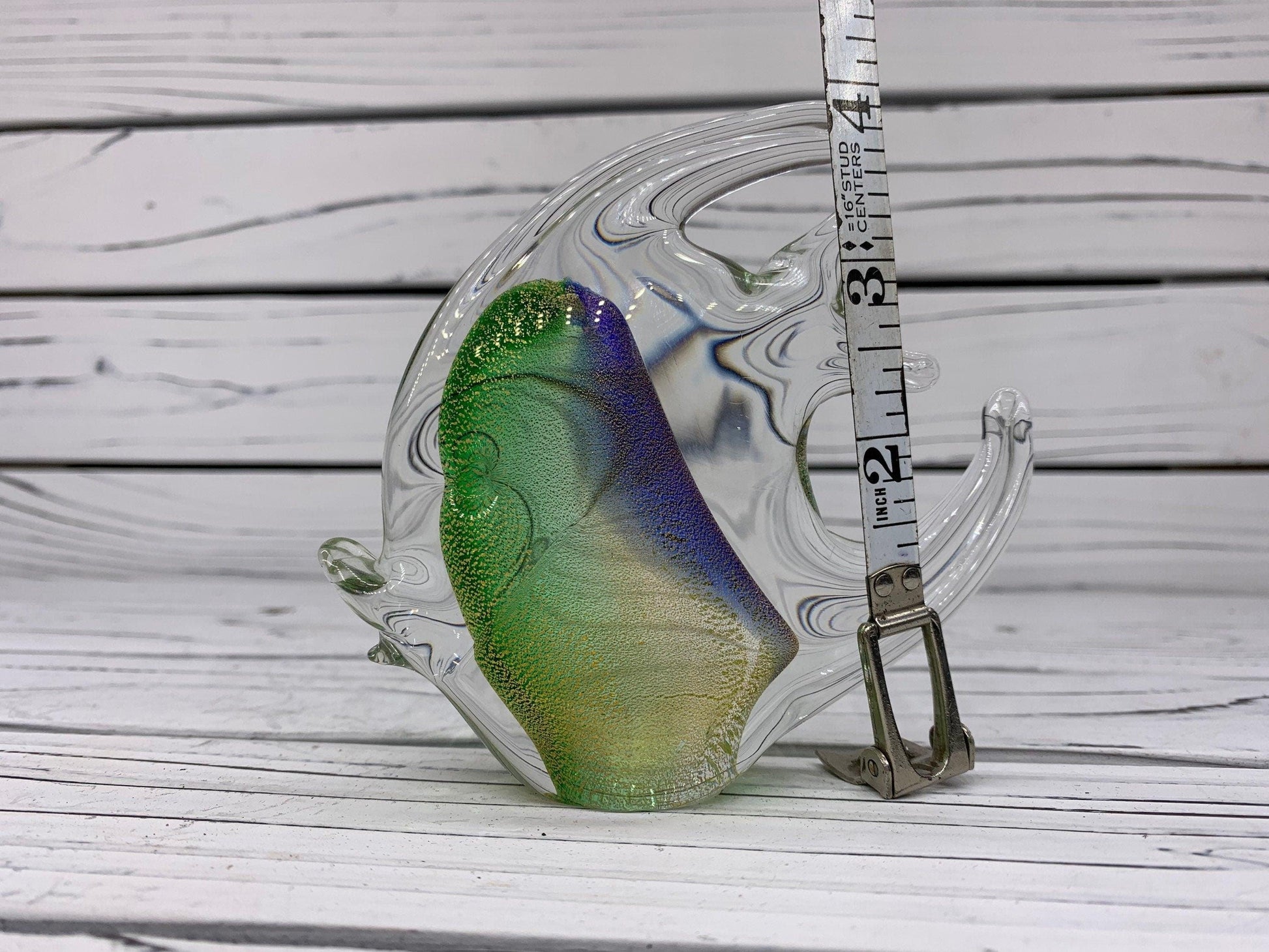 Murano Blown Glass Fish Sculpture, Shimmering Green, Purple and Gold Dust Italian Art -Located at Funkyhouse Vintage Antique Store, Weiser Idaho