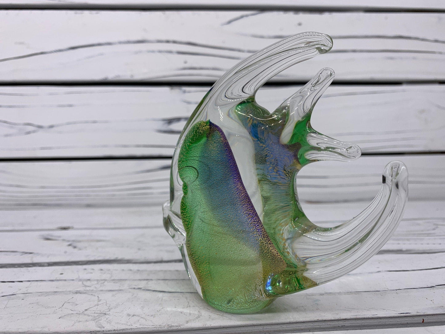 Murano Blown Glass Fish Sculpture, Shimmering Green, Purple and Gold Dust Italian Art -Located at Funkyhouse Vintage Antique Store, Weiser Idaho