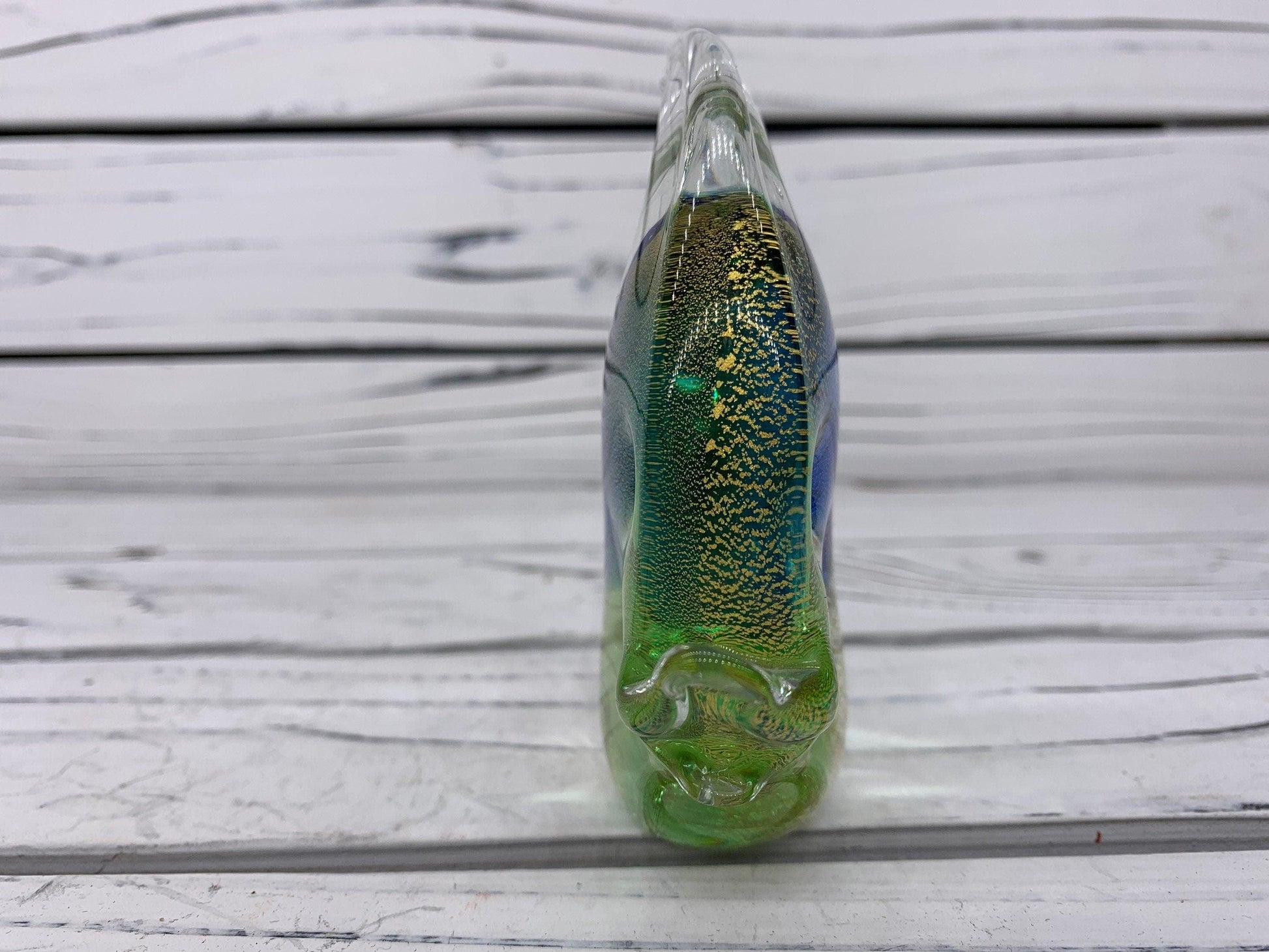 Murano Blown Glass Fish Sculpture, Shimmering Green, Purple and Gold Dust Italian Art -Located at Funkyhouse Vintage Antique Store, Weiser Idaho