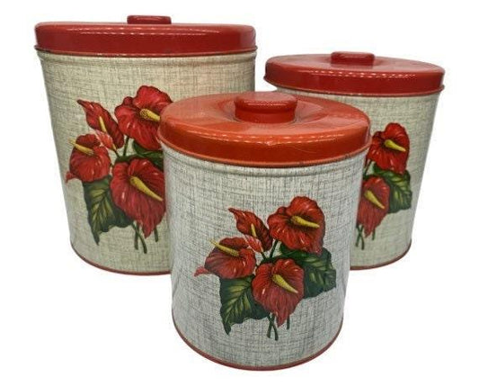 Red Flower Pattern Vintage Metal Tin Canister Set, Country Farmhouse Kitchen Decor, Cottage Storage Canisters -Located at Funkyhouse Vintage Antique Store, Weiser Idaho