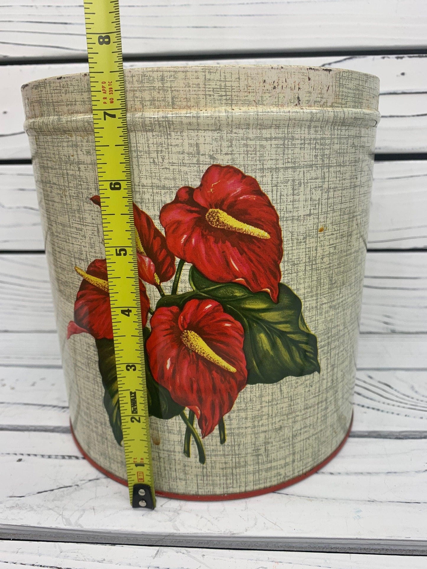Red Flower Pattern Vintage Metal Tin Canister Set, Country Farmhouse Kitchen Decor, Cottage Storage Canisters -Located at Funkyhouse Vintage Antique Store, Weiser Idaho