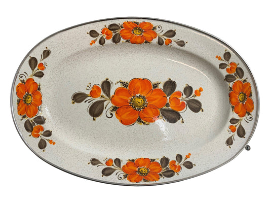 Sanko Ware Japan Show Serving Platter Orange Brown Poppies, Vintage Enamelware Kitchen Platee -Located at Funkyhouse Vintage Antique Store, Weiser Idaho