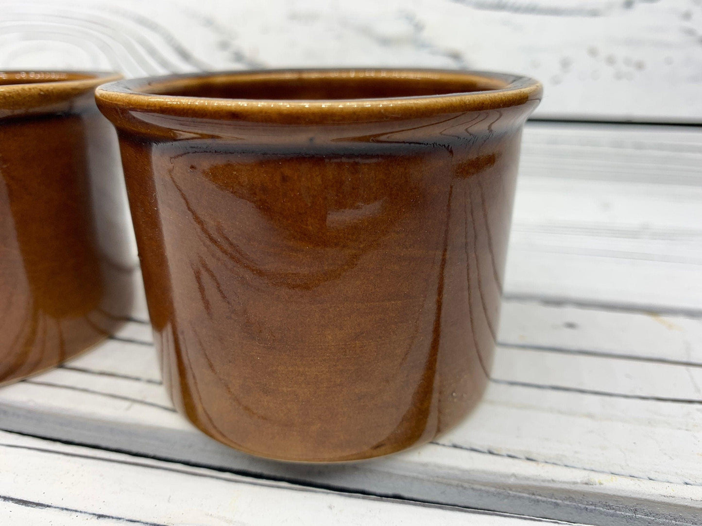 Set Of 3 Vintage Small Ceramic Brown Crock Bowls, Set of Sugar Bowls, Trinket Dishes -Located at Funkyhouse Vintage Antique Store, Weiser Idaho