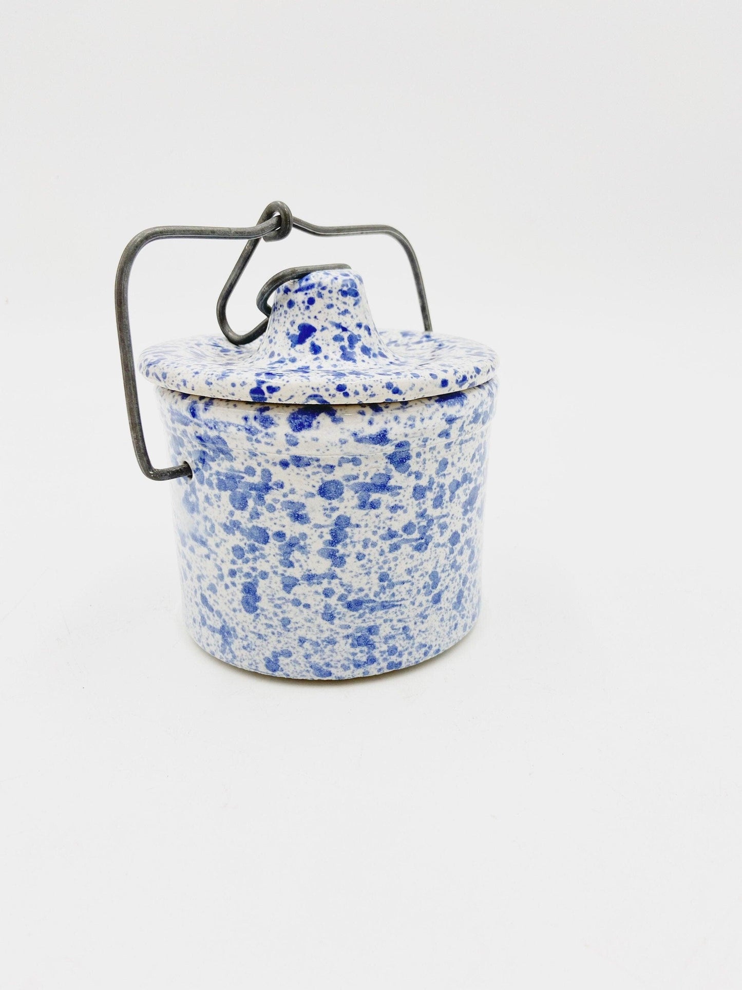 Small Vintage Stoneware White With Blue Speckles, Crock Canister With Metal Wire, Ceramic Kitchen Storage Decor, Farmhouse Country Pottery -Located at Funkyhouse Vintage Antique Store, Weiser Idaho