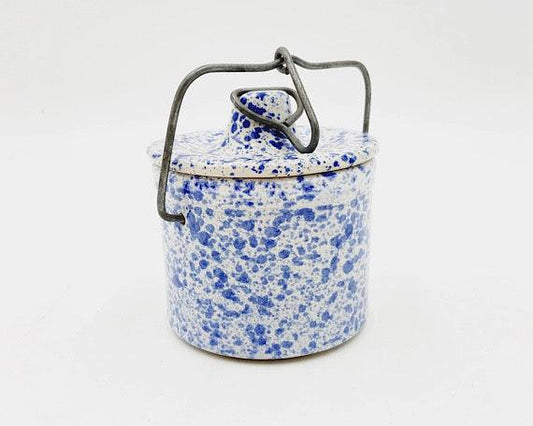 Small Vintage Stoneware White With Blue Speckles, Crock Canister With Metal Wire, Ceramic Kitchen Storage Decor, Farmhouse Country Pottery -Located at Funkyhouse Vintage Antique Store, Weiser Idaho