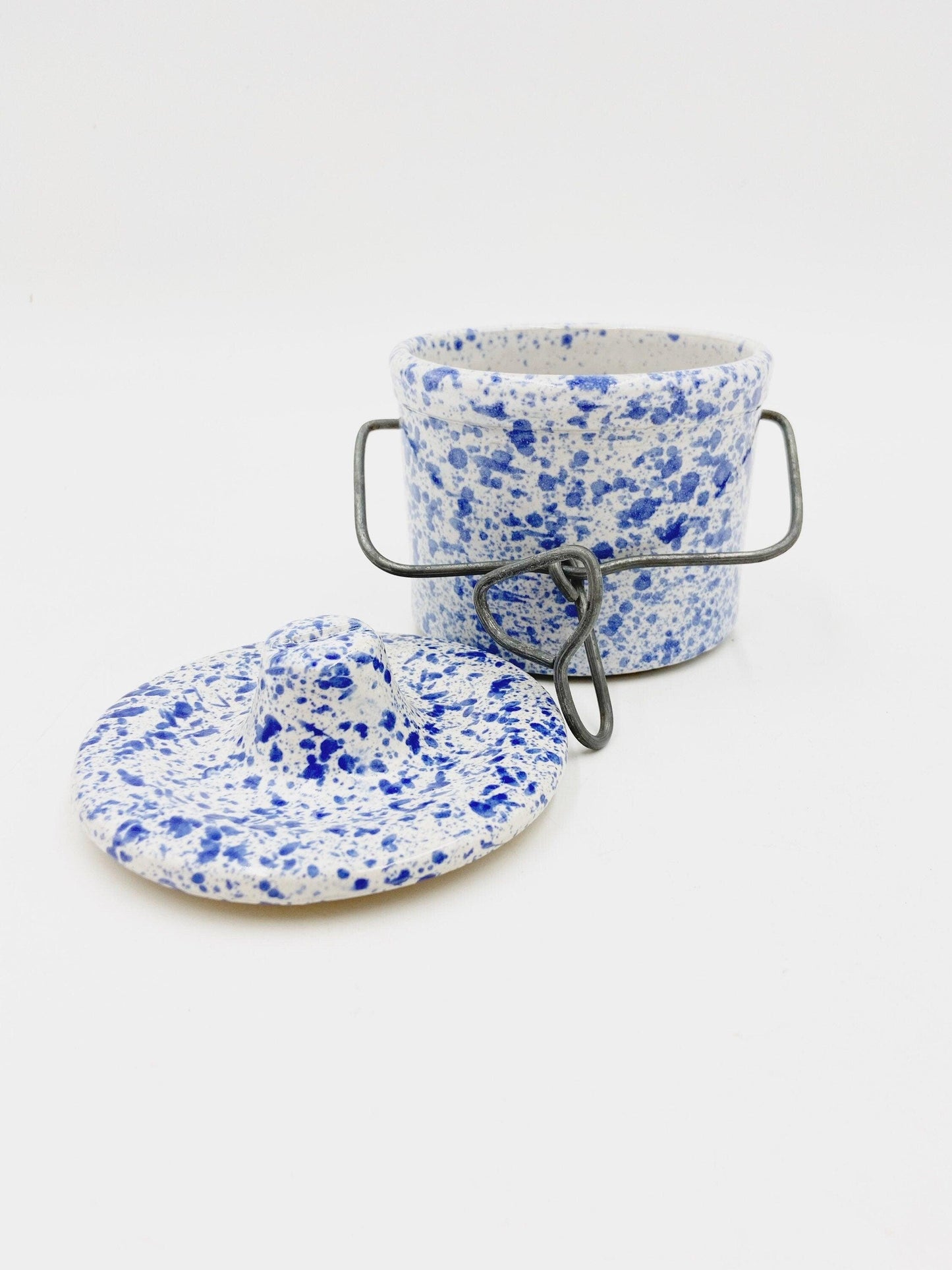 Small Vintage Stoneware White With Blue Speckles, Crock Canister With Metal Wire, Ceramic Kitchen Storage Decor, Farmhouse Country Pottery -Located at Funkyhouse Vintage Antique Store, Weiser Idaho