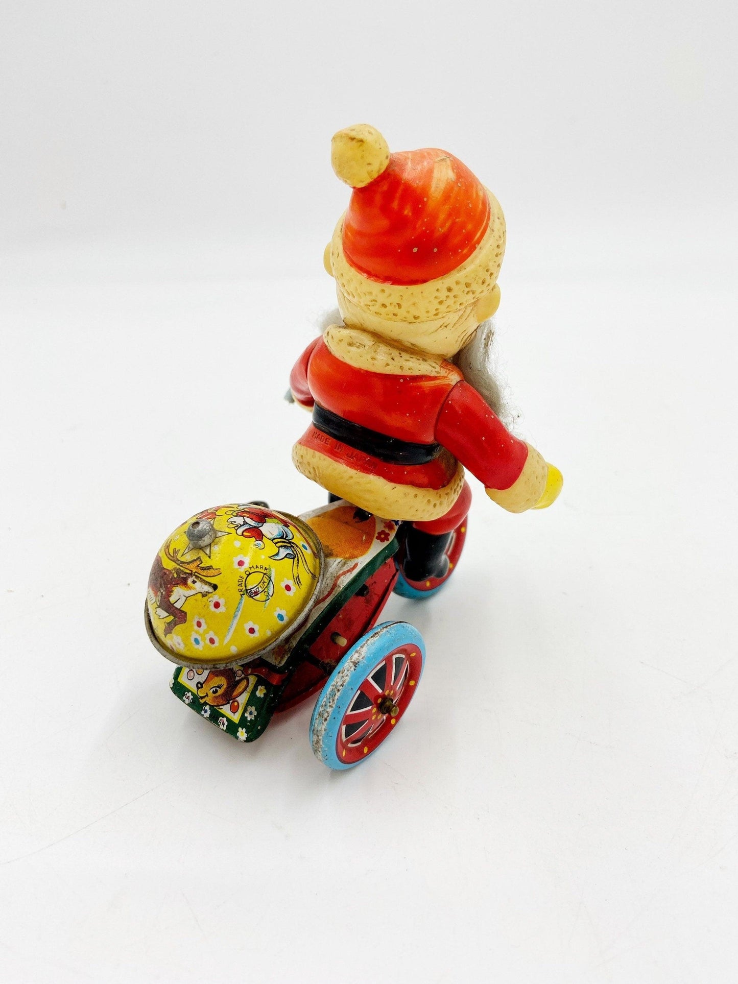 Suzuki Tin Litho Santa Riding A Tricycle, Antique Vintage Wind Up Tin Toy, Made In Japan, Vintage Antique Christmas -Located at Funkyhouse Vintage Antique Store, Weiser Idaho