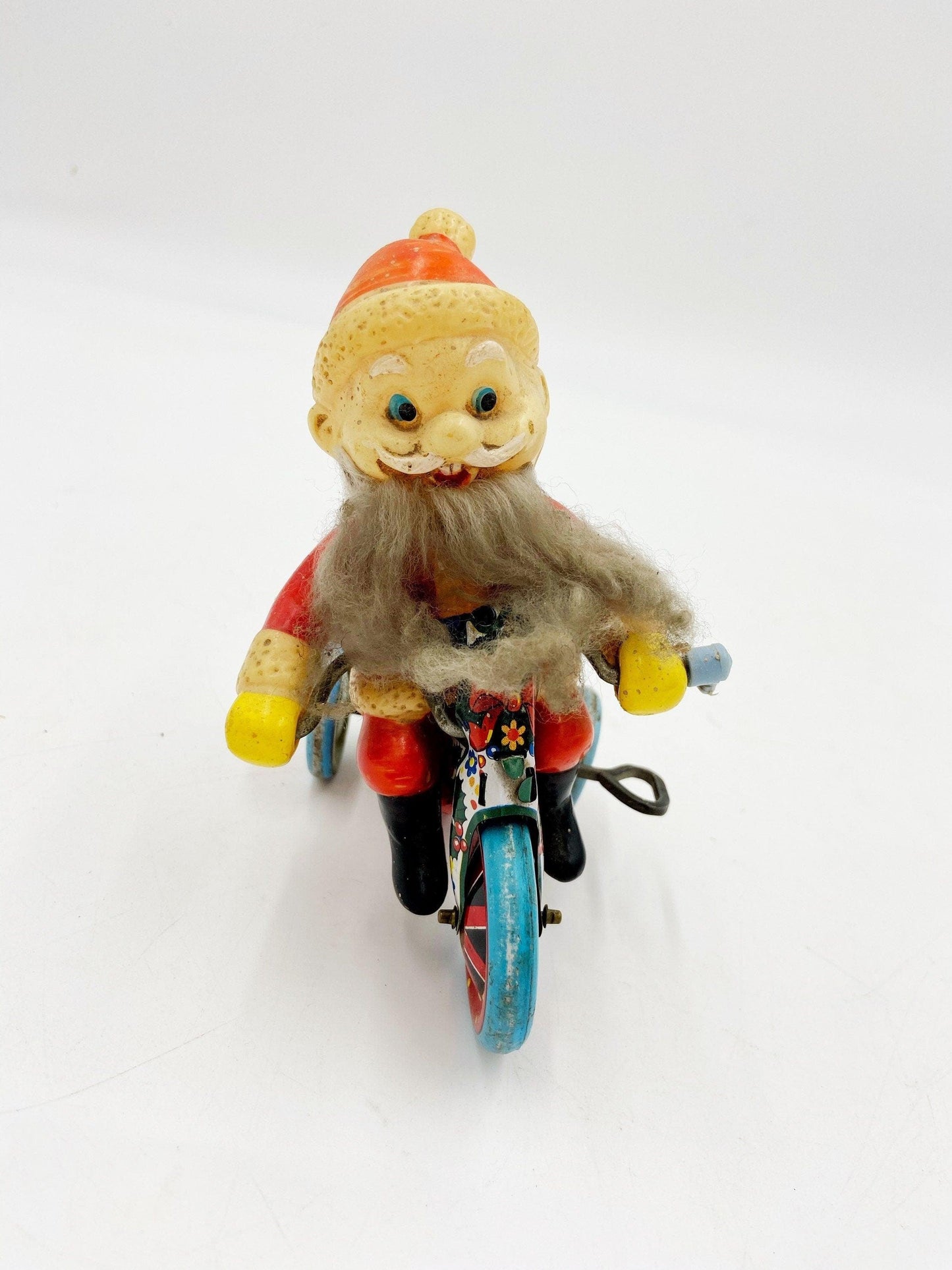 Suzuki Tin Litho Santa Riding A Tricycle, Antique Vintage Wind Up Tin Toy, Made In Japan, Vintage Antique Christmas -Located at Funkyhouse Vintage Antique Store, Weiser Idaho