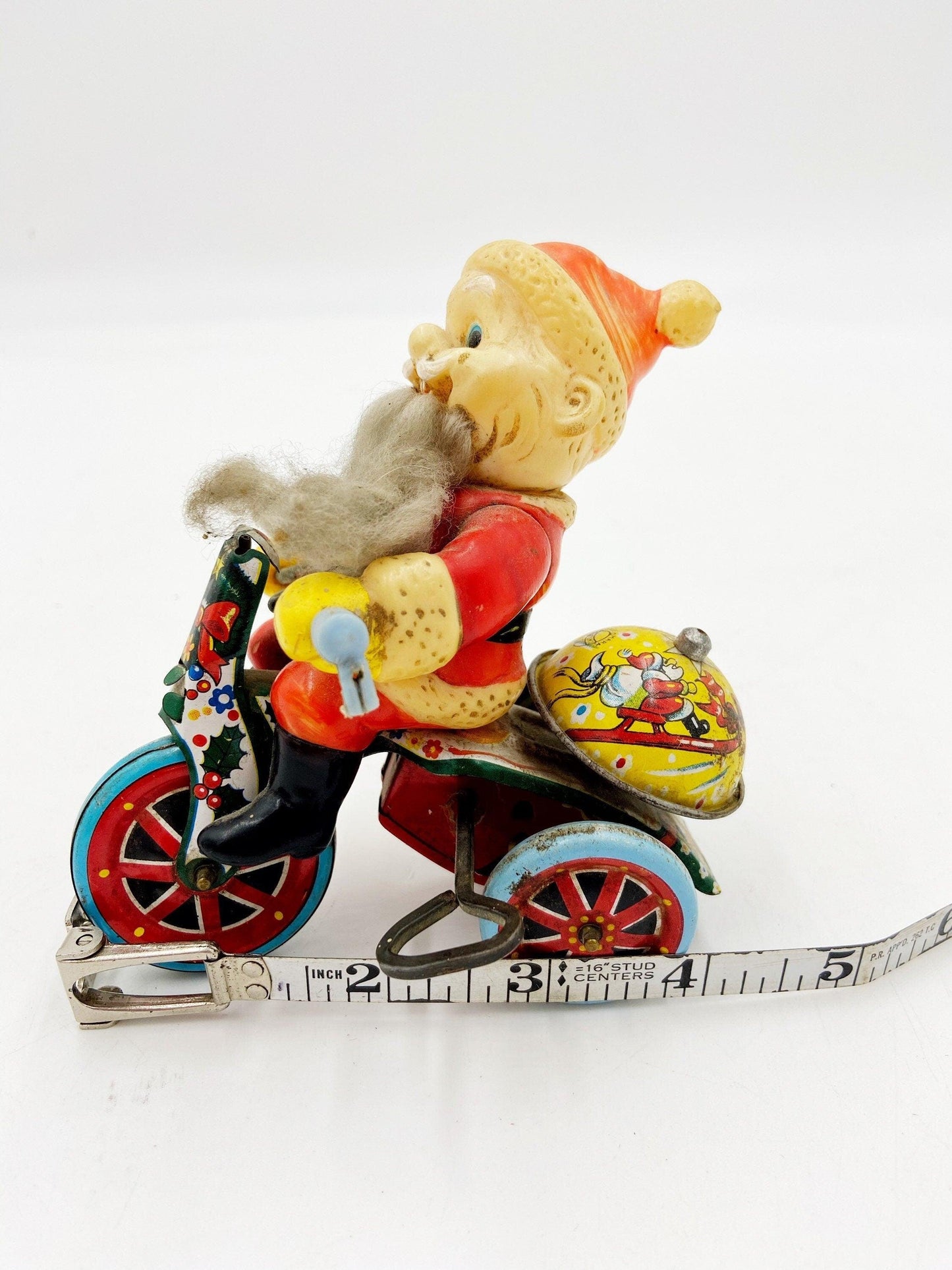 Suzuki Tin Litho Santa Riding A Tricycle, Antique Vintage Wind Up Tin Toy, Made In Japan, Vintage Antique Christmas -Located at Funkyhouse Vintage Antique Store, Weiser Idaho