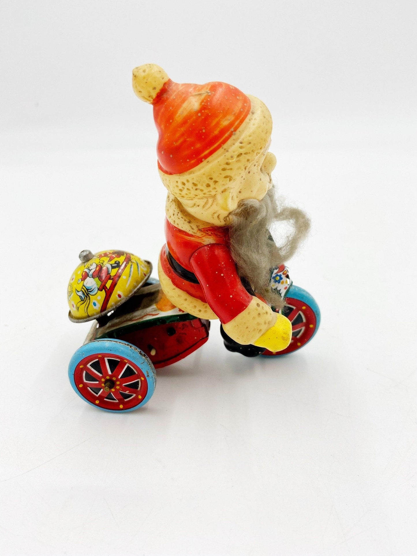 Suzuki Tin Litho Santa Riding A Tricycle, Antique Vintage Wind Up Tin Toy, Made In Japan, Vintage Antique Christmas -Located at Funkyhouse Vintage Antique Store, Weiser Idaho