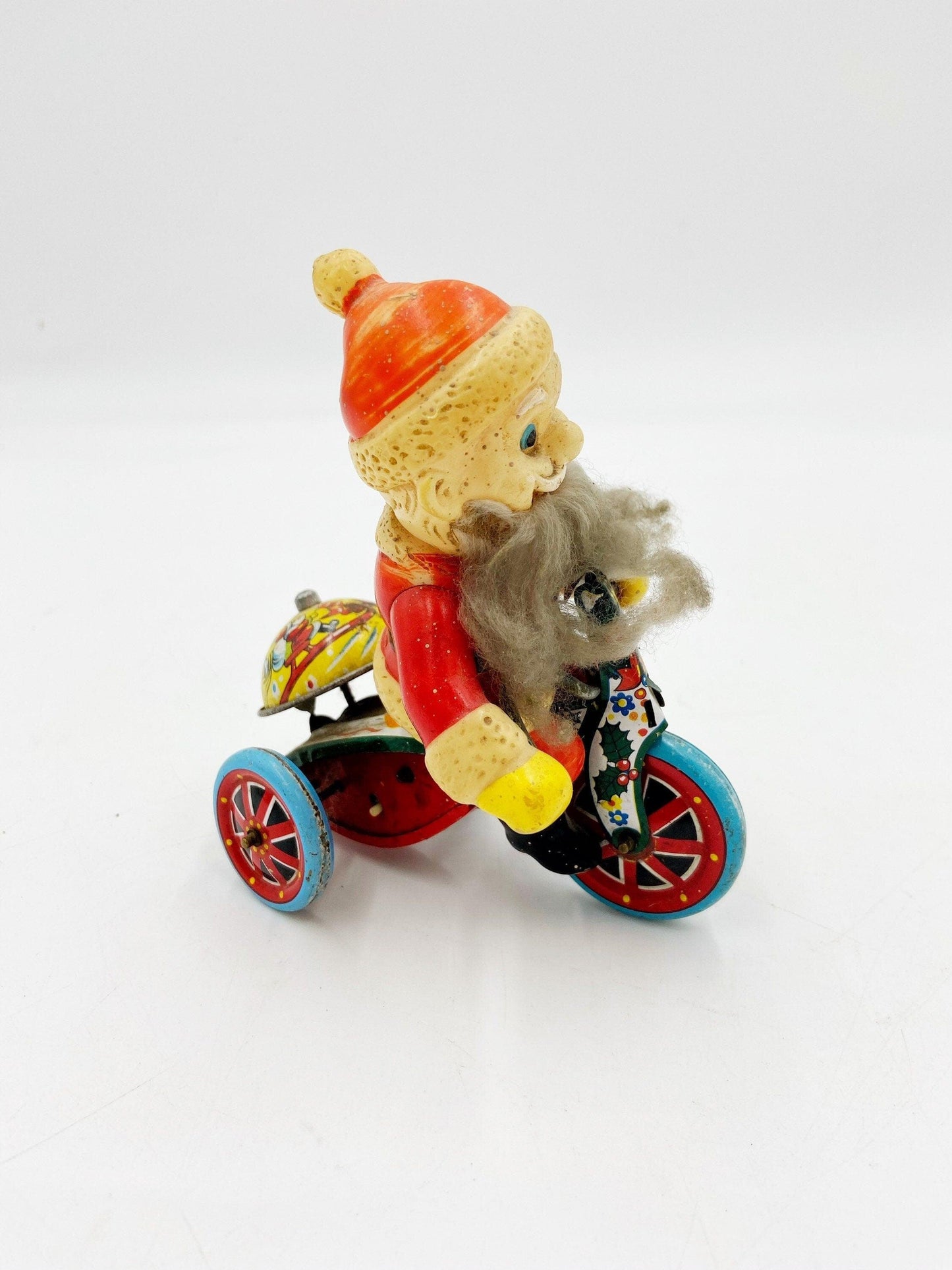 Suzuki Tin Litho Santa Riding A Tricycle, Antique Vintage Wind Up Tin Toy, Made In Japan, Vintage Antique Christmas -Located at Funkyhouse Vintage Antique Store, Weiser Idaho