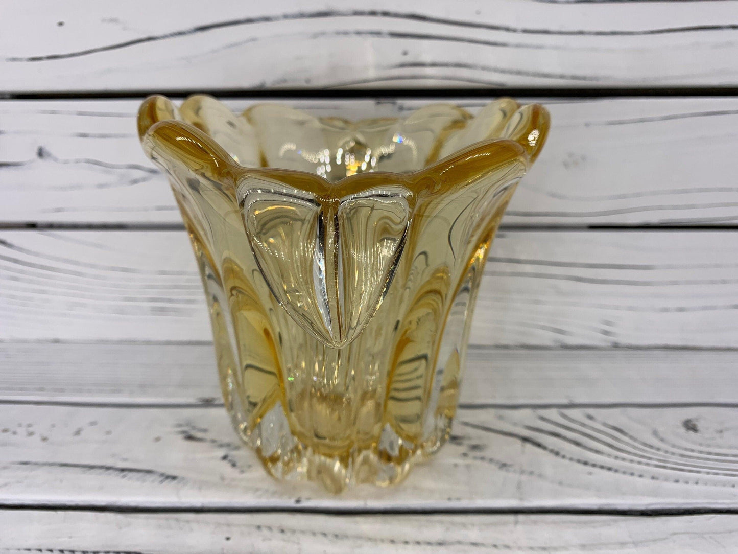Teleflora Decorative Glass Bowl, Vintage Yellow Ribboned Vase -Located at Funkyhouse Vintage Antique Store, Weiser Idaho