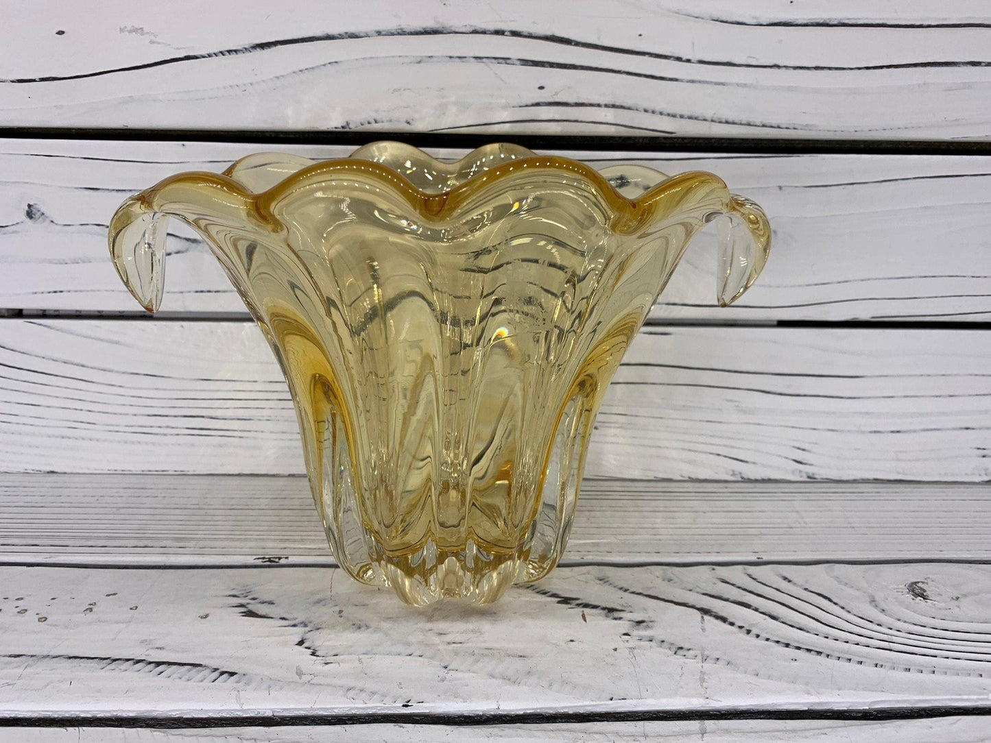 Teleflora Decorative Glass Bowl, Vintage Yellow Ribboned Vase -Located at Funkyhouse Vintage Antique Store, Weiser Idaho