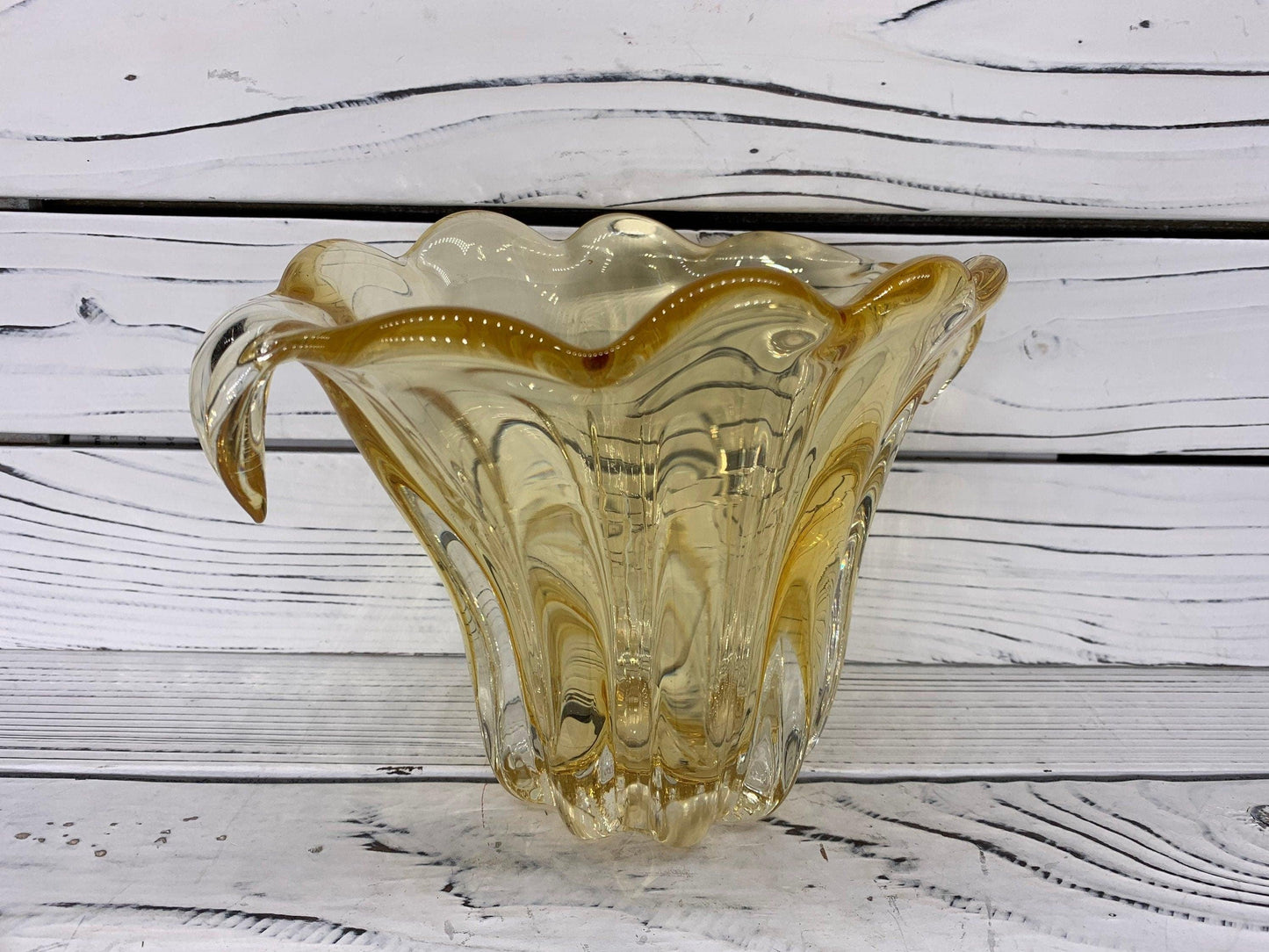 Teleflora Decorative Glass Bowl, Vintage Yellow Ribboned Vase -Located at Funkyhouse Vintage Antique Store, Weiser Idaho
