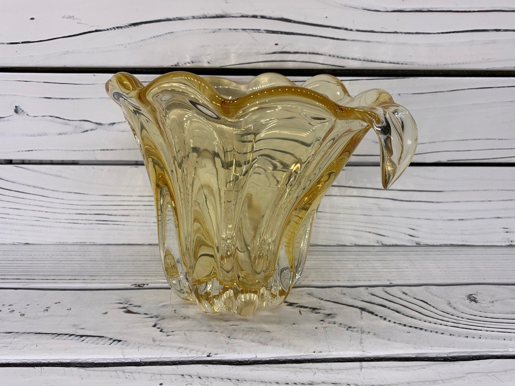 Teleflora Decorative Glass Bowl, Vintage Yellow Ribboned Vase -Located at Funkyhouse Vintage Antique Store, Weiser Idaho