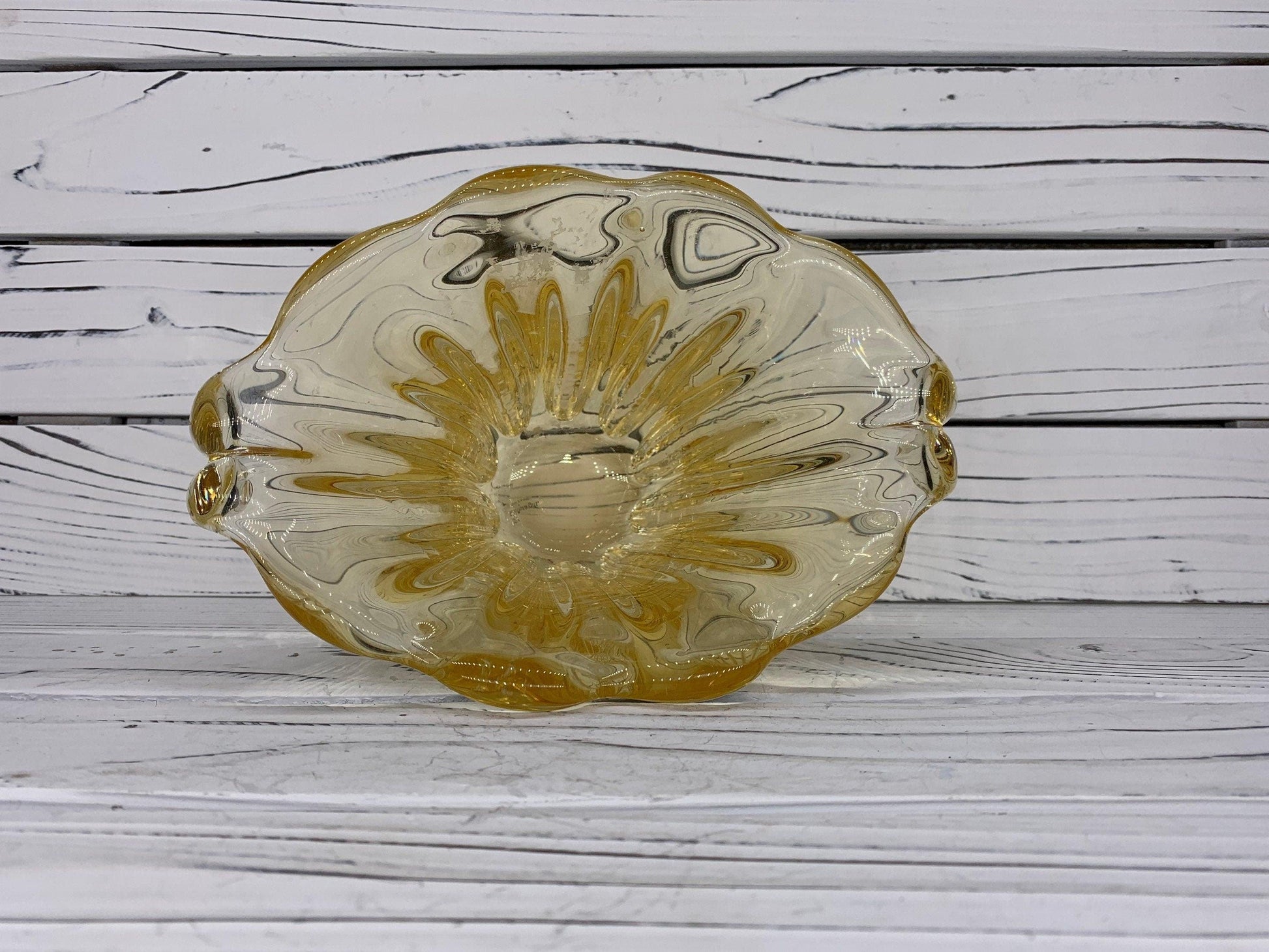Teleflora Decorative Glass Bowl, Vintage Yellow Ribboned Vase -Located at Funkyhouse Vintage Antique Store, Weiser Idaho