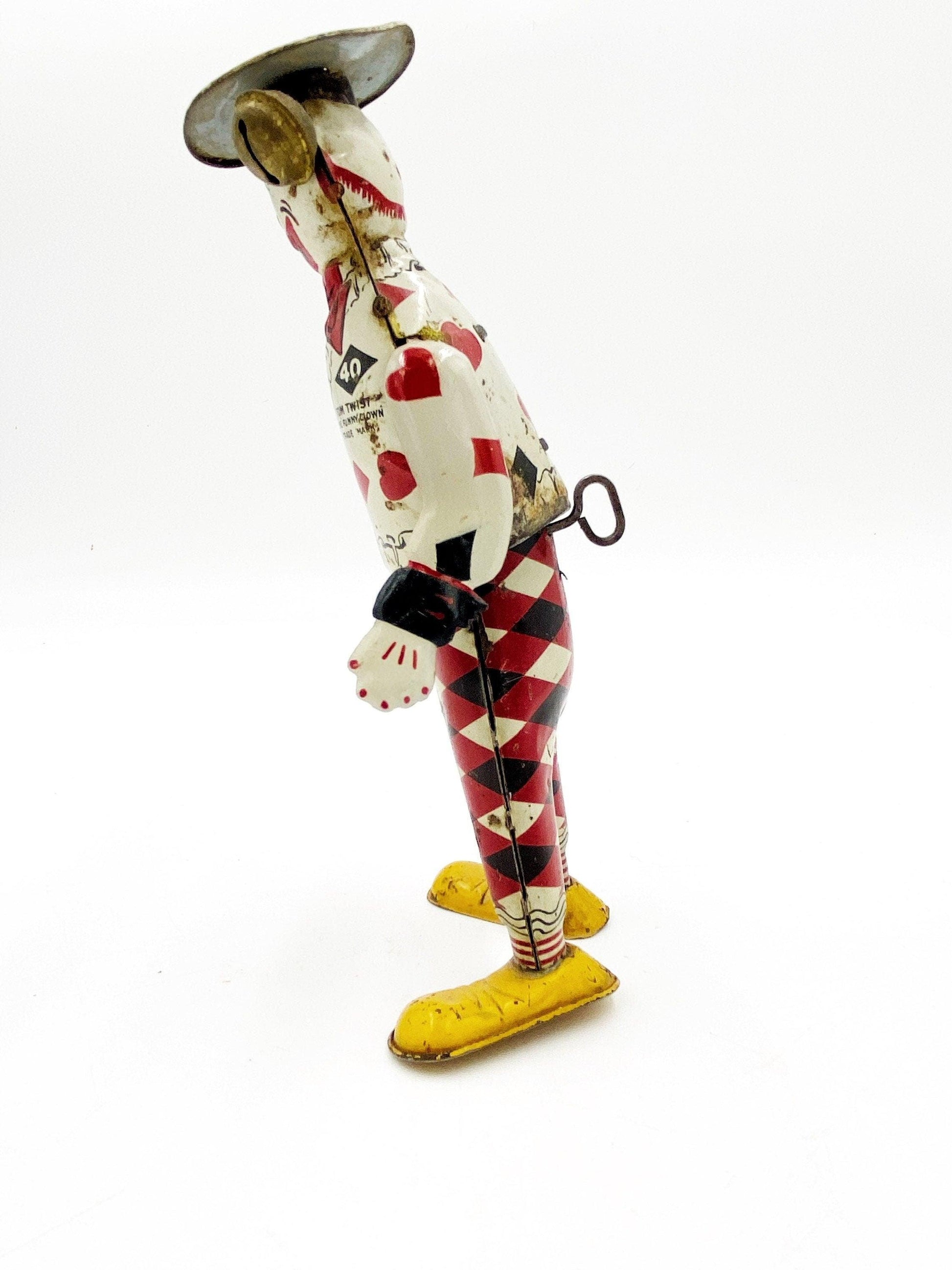 Tom Twist ‘The Funny Show’ The Funny Clown by The Ferdinand Strauss Corporation, Circa 1920s, Wind Up Tin Toys, Red Black White -Located at Funkyhouse Vintage Antique Store, Weiser Idaho